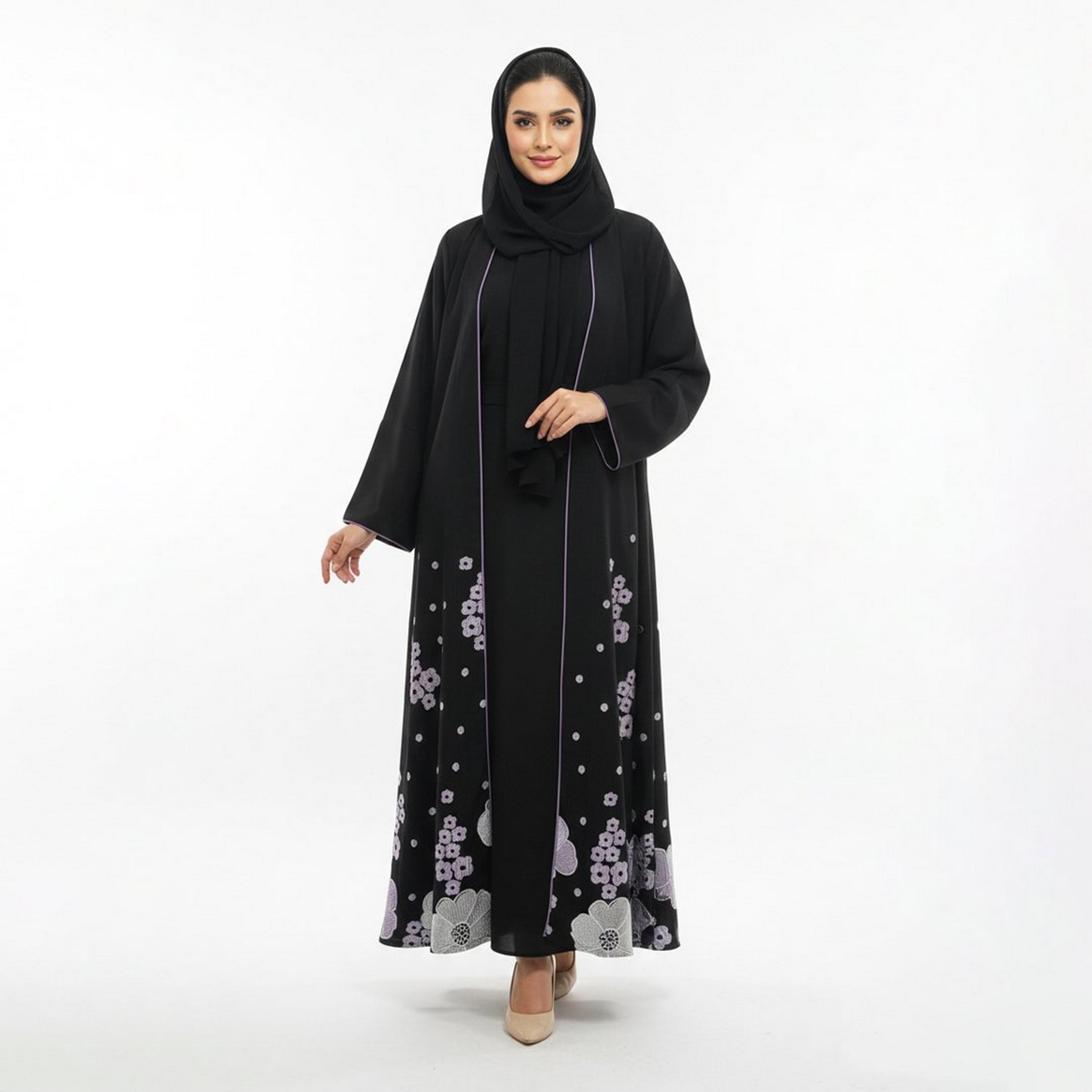 Beyond Abaya Black Floral Embroidered Crepe Women's Evening Abaya-women-arabicclothing-abayas-image-1