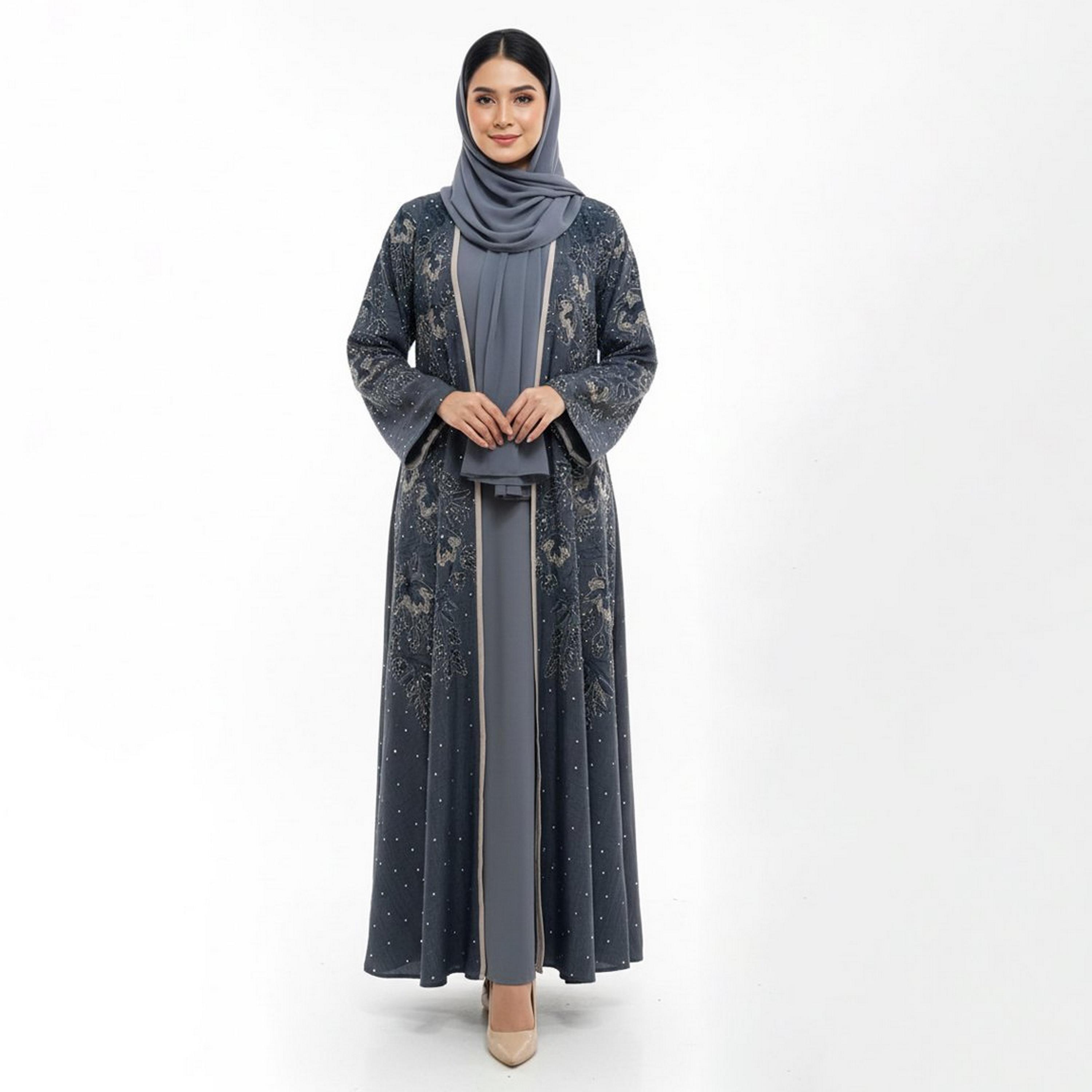 Beyond Abaya Grey Floral Embroidered Linen Women's Evening Abaya-women-arabicclothing-abayas-image-1