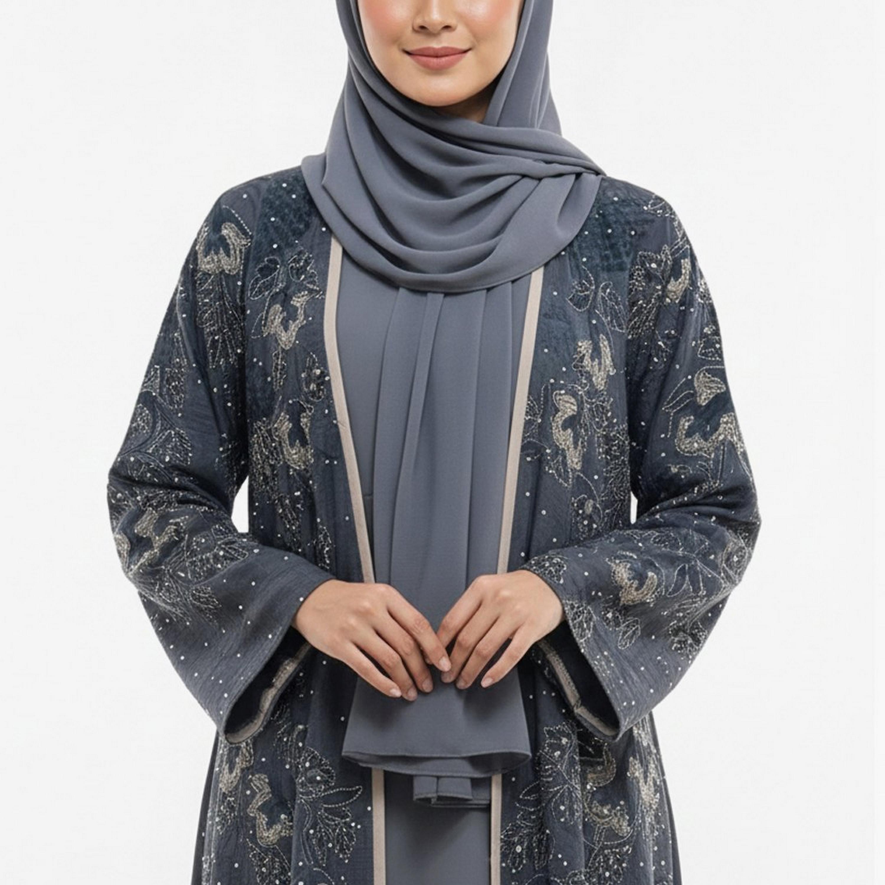 Beyond Abaya Grey Floral Embroidered Linen Women's Evening Abaya-women-arabicclothing-abayas-image-2