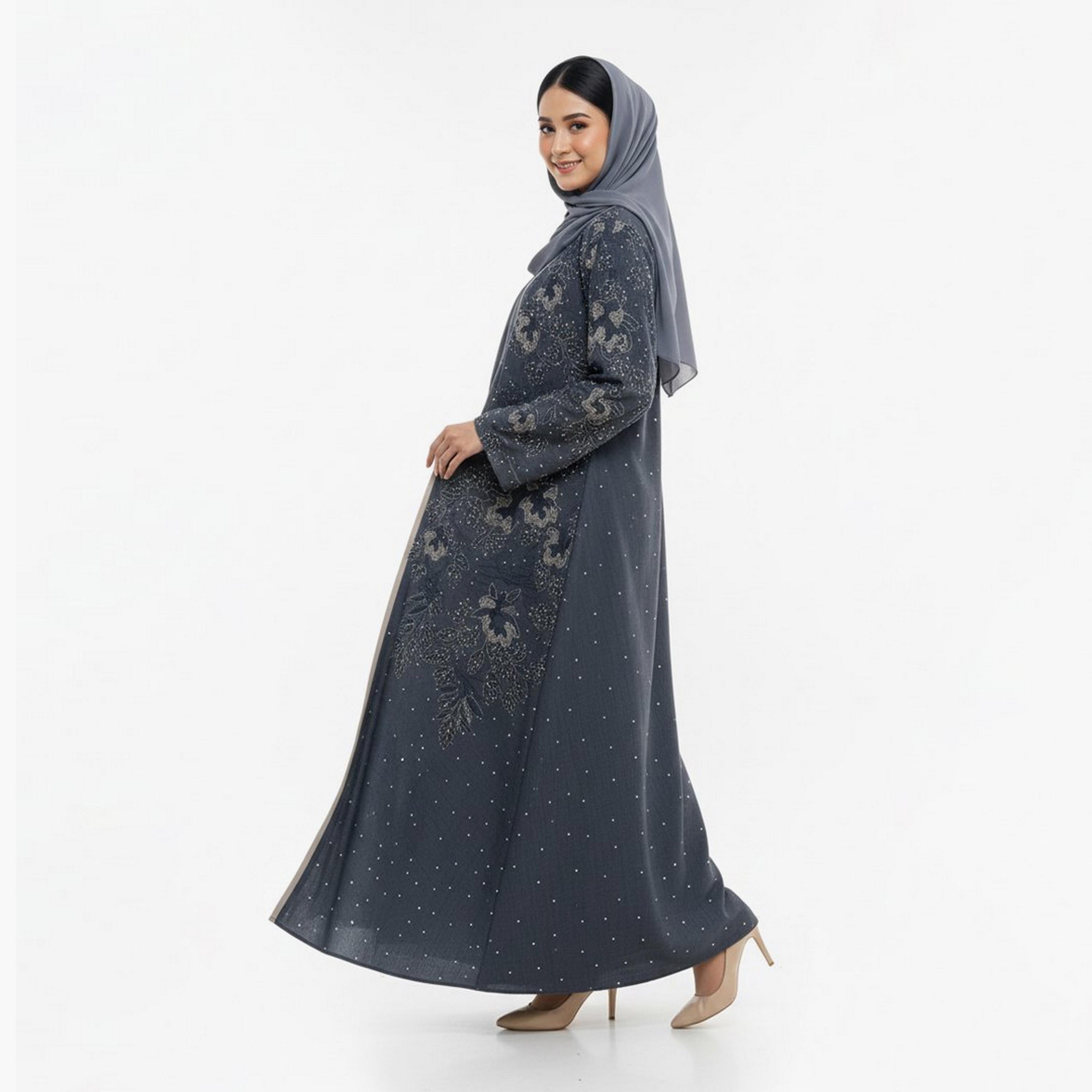 Beyond Abaya Grey Floral Embroidered Linen Women's Evening Abaya-women-arabicclothing-abayas-image-3