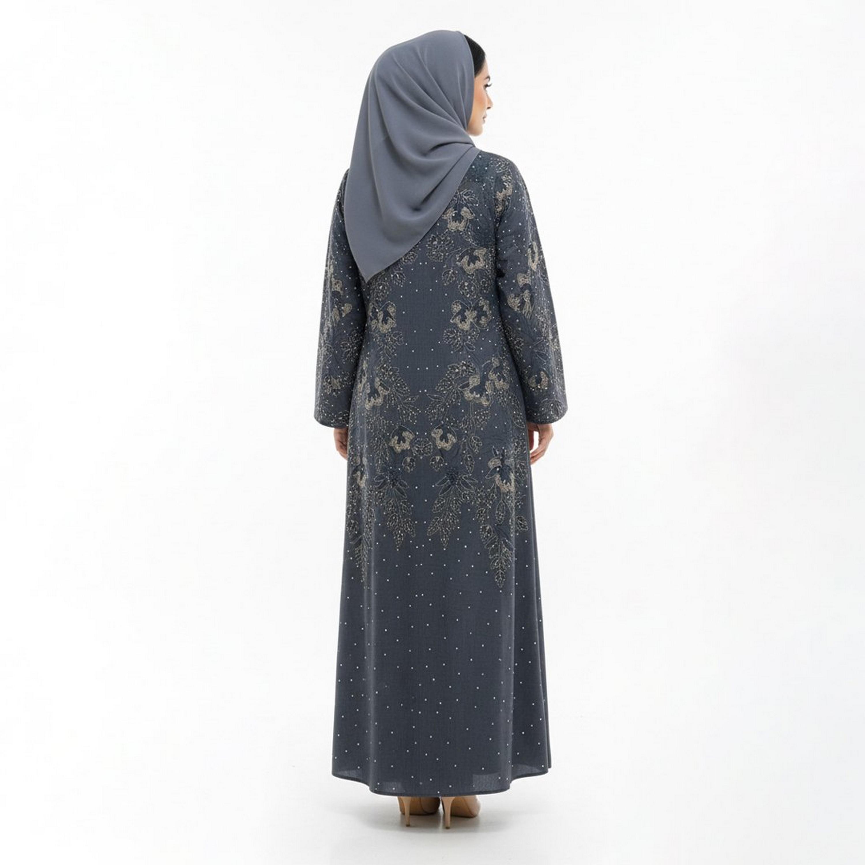 Beyond Abaya Grey Floral Embroidered Linen Women's Evening Abaya-women-arabicclothing-abayas-image-4