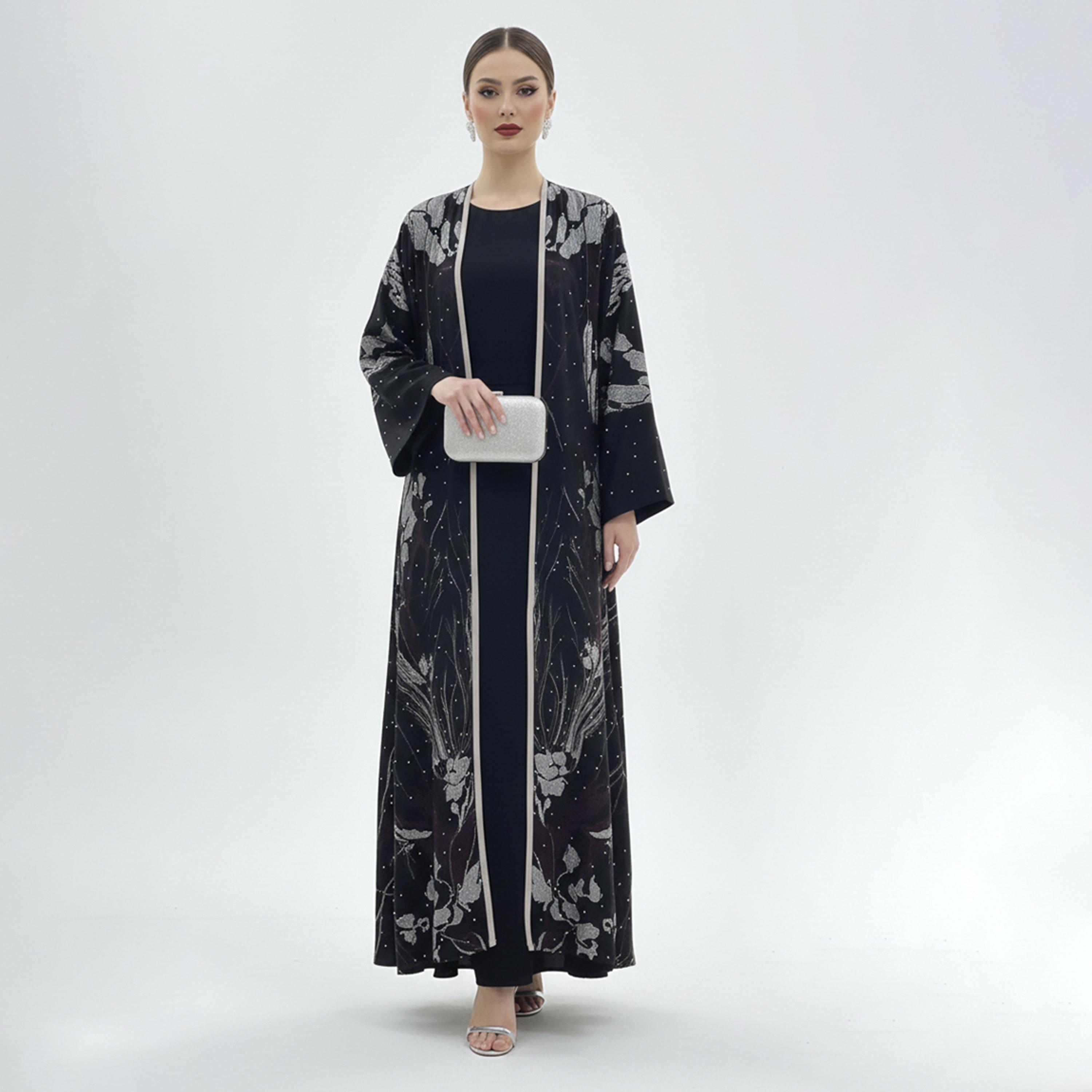 Beyond Abaya Black Floral Embroidered Flared Sleeves Linen Women's Evening Abaya-women-arabicclothing-abayas-image-1