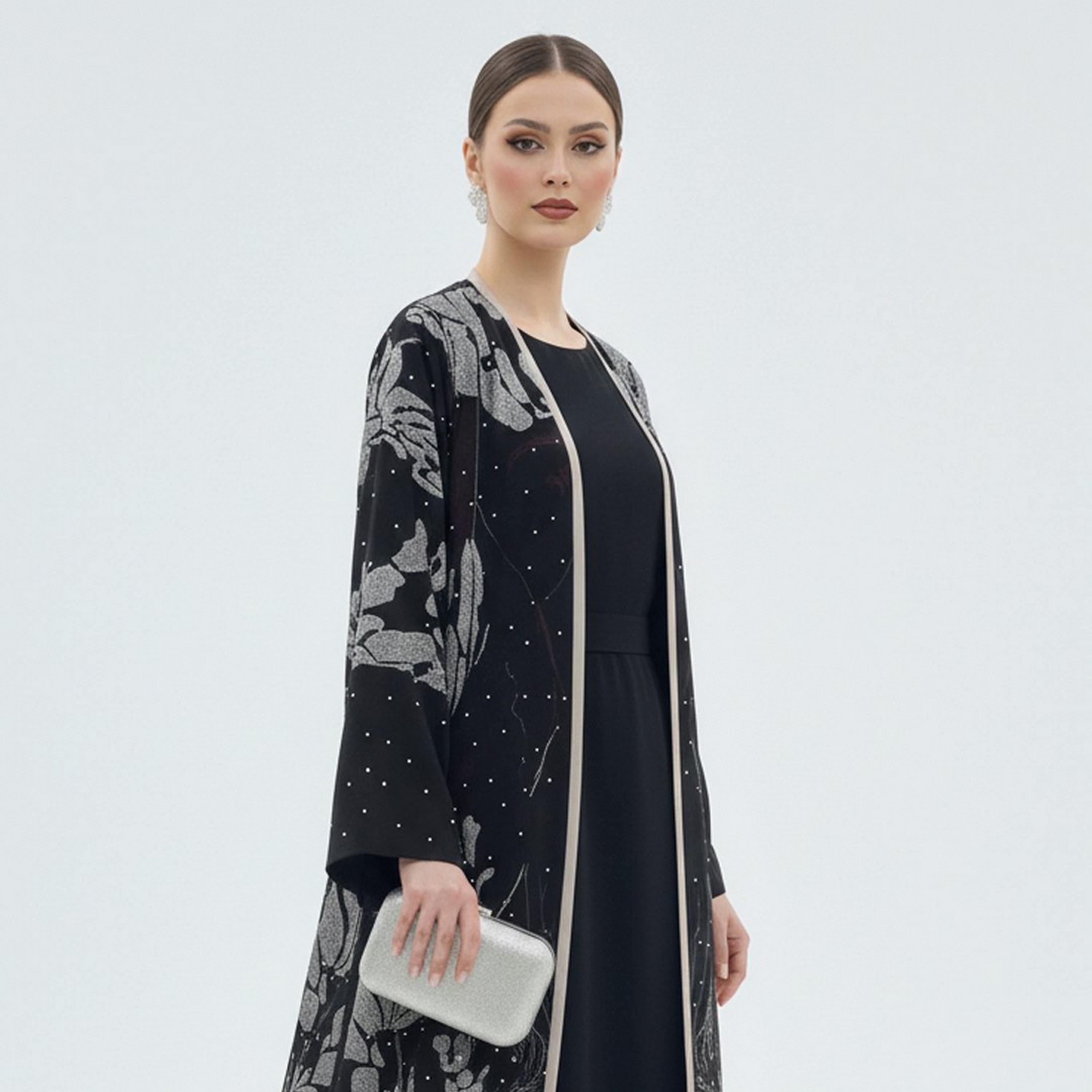 Beyond Abaya Black Floral Embroidered Flared Sleeves Linen Women's Evening Abaya-women-arabicclothing-abayas-image-2