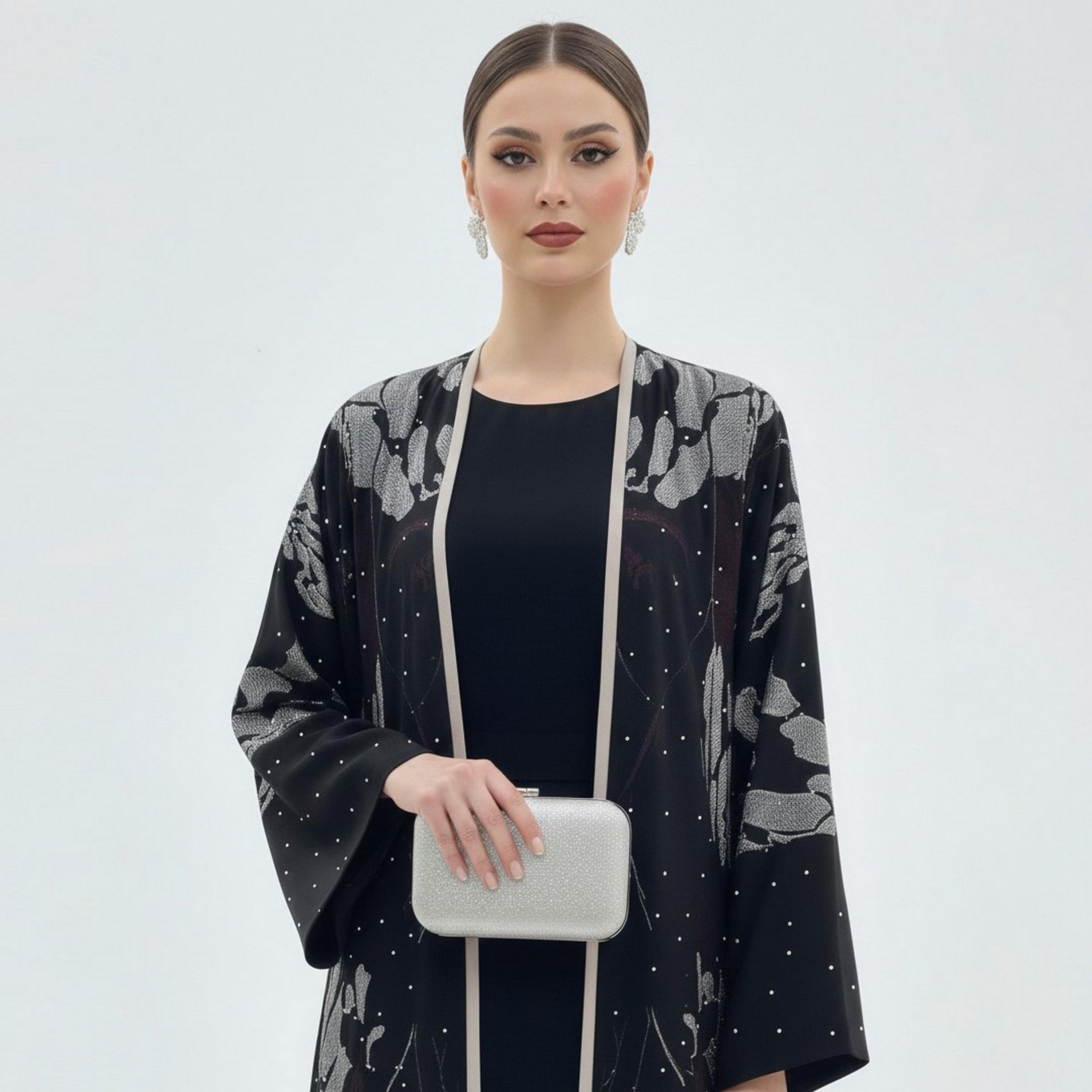 Beyond Abaya Black Floral Embroidered Flared Sleeves Linen Women's Evening Abaya-women-arabicclothing-abayas-image-3