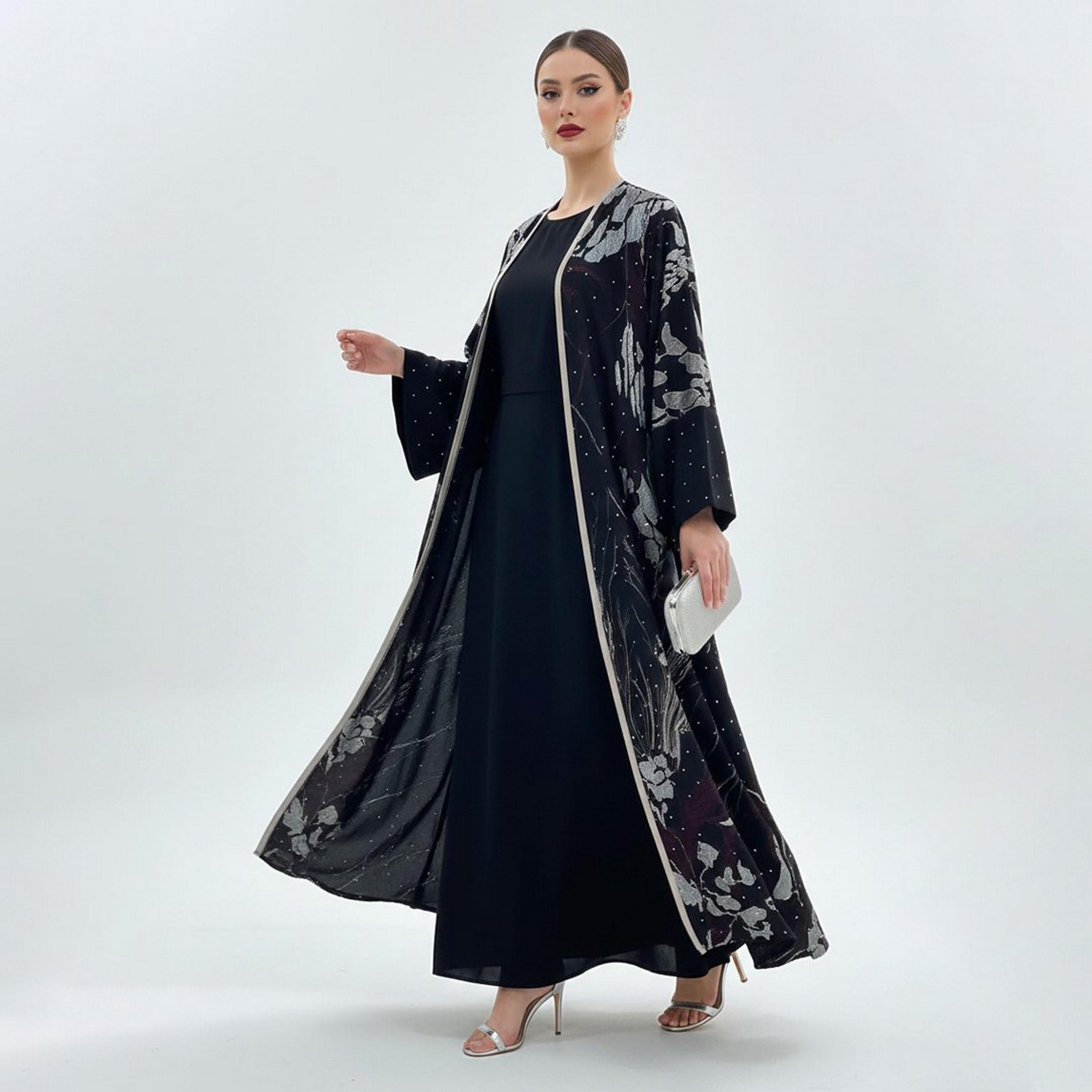 Beyond Abaya Black Floral Embroidered Flared Sleeves Linen Women's Evening Abaya-women-arabicclothing-abayas-image-4