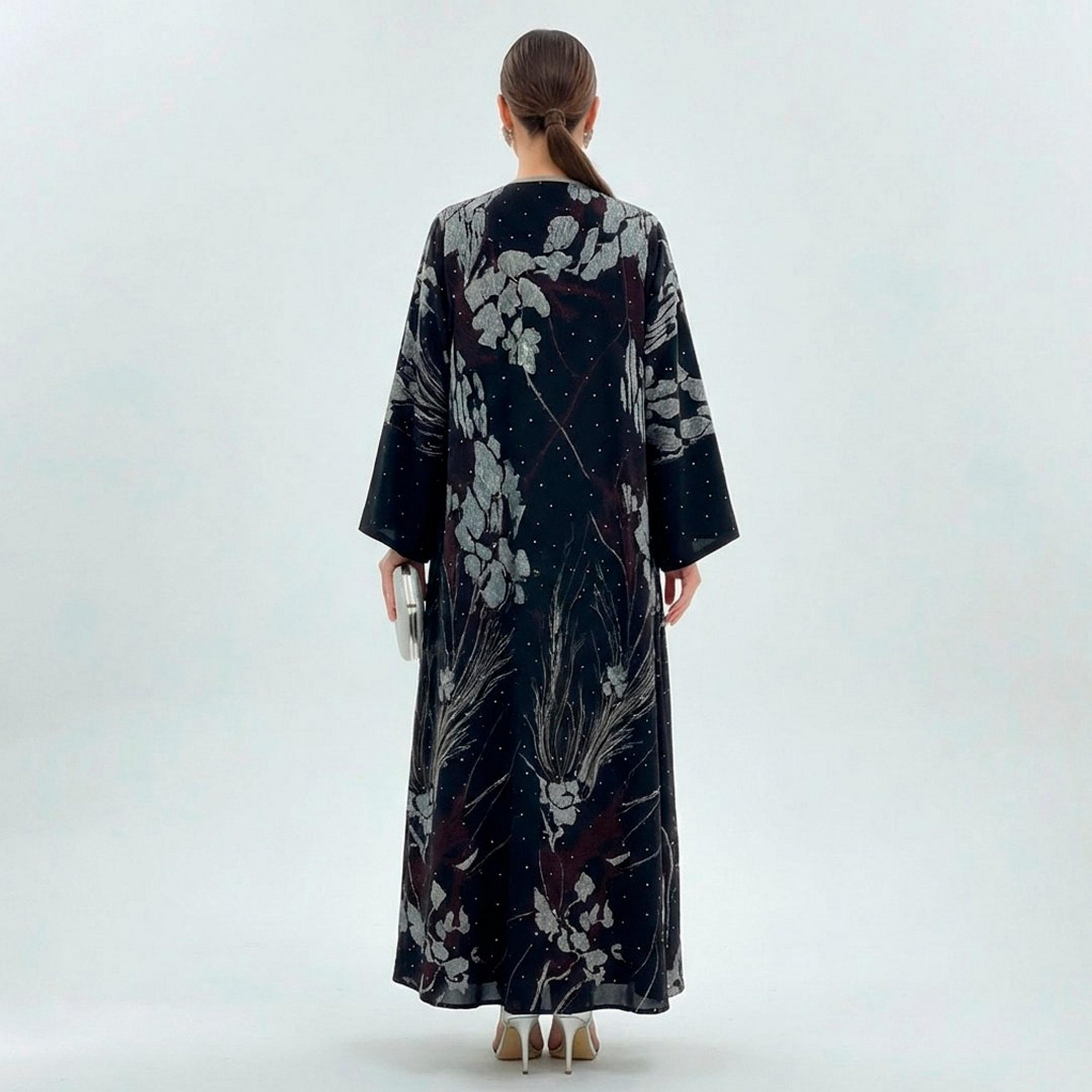 Beyond Abaya Black Floral Embroidered Flared Sleeves Linen Women's Evening Abaya-women-arabicclothing-abayas-image-5