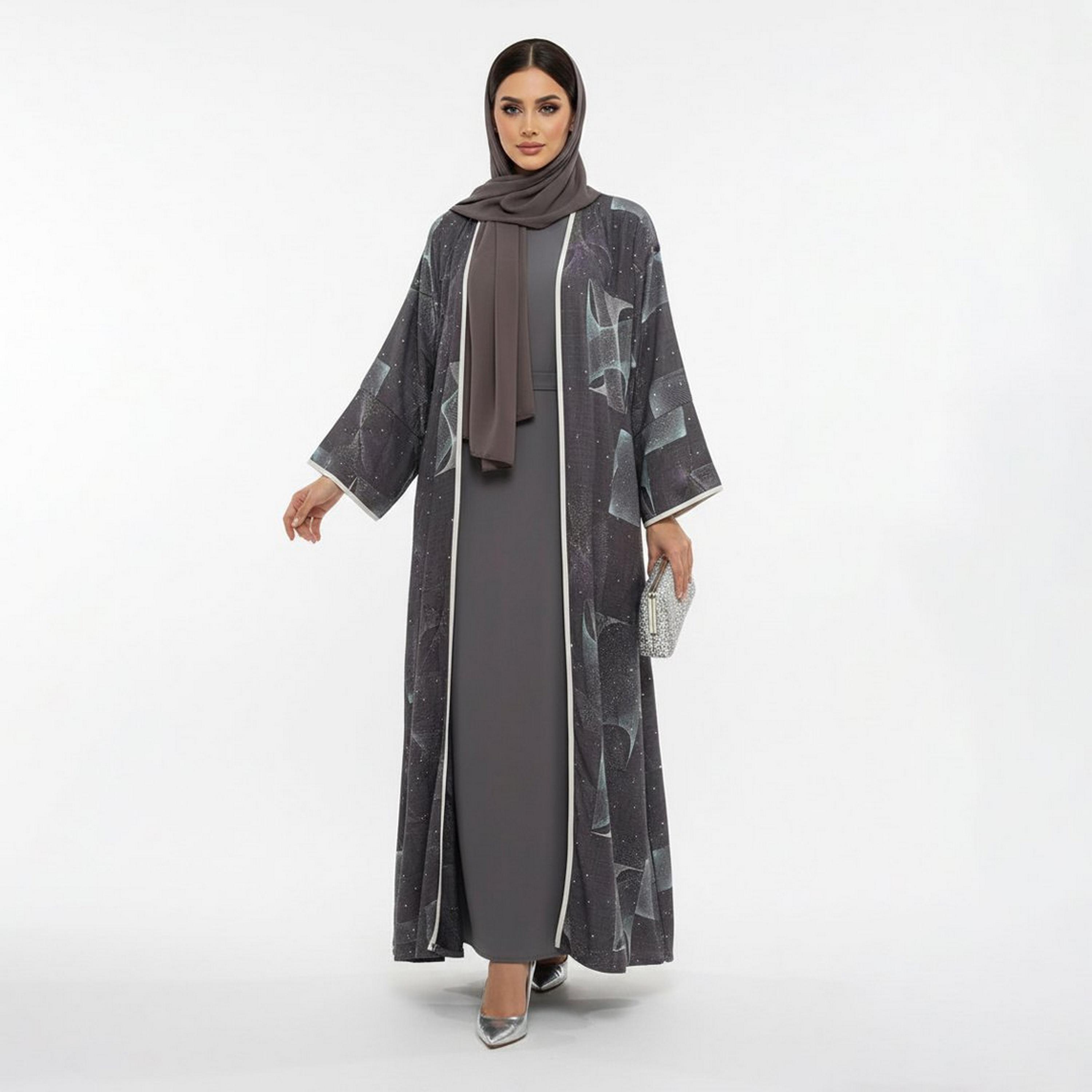 Beyond Abaya Grey Geometric Linen Women's Evening Abaya-women-arabicclothing-abayas-image-1