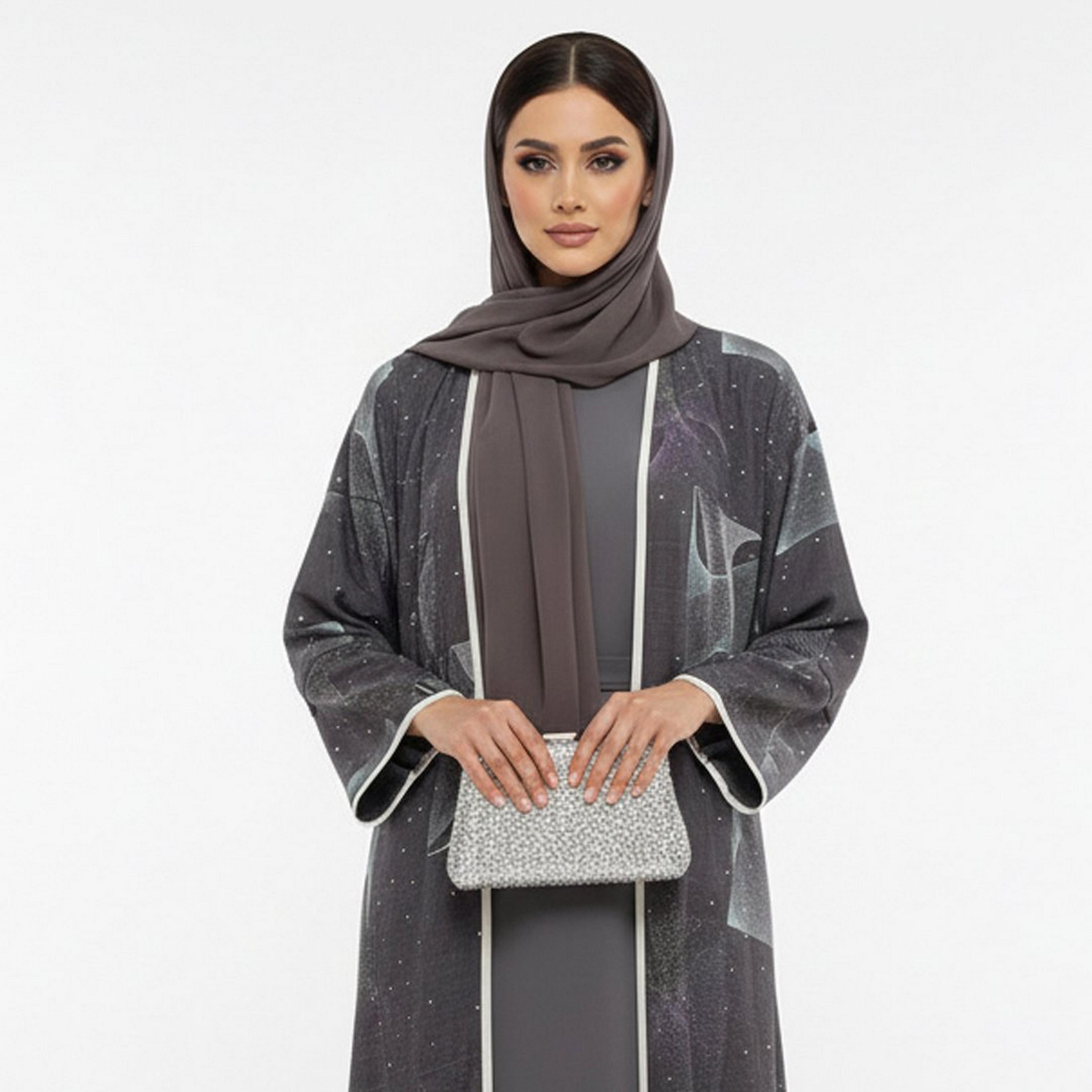 Beyond Abaya Grey Geometric Linen Women's Evening Abaya-women-arabicclothing-abayas-image-2