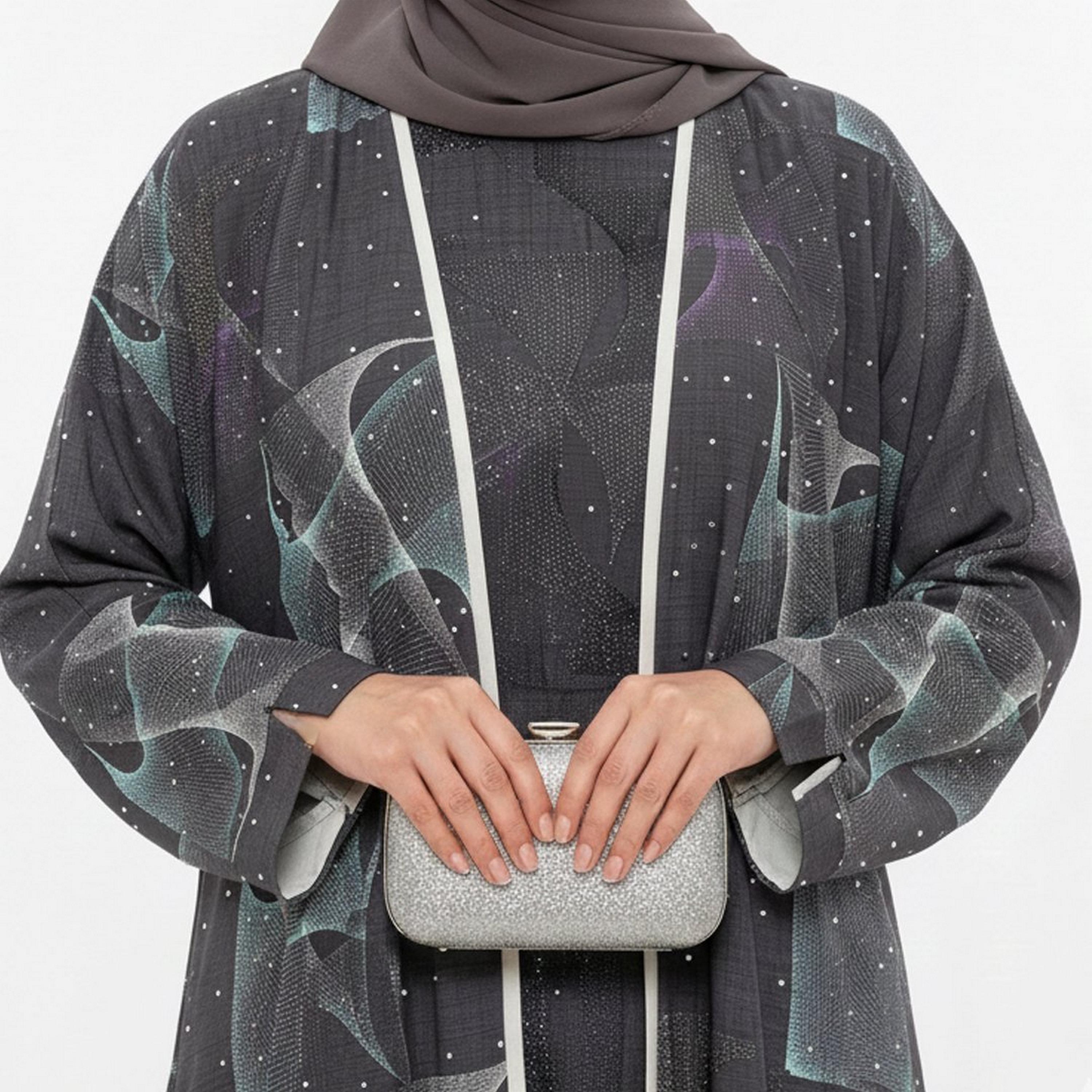 Beyond Abaya Grey Geometric Linen Women's Evening Abaya-women-arabicclothing-abayas-image-3