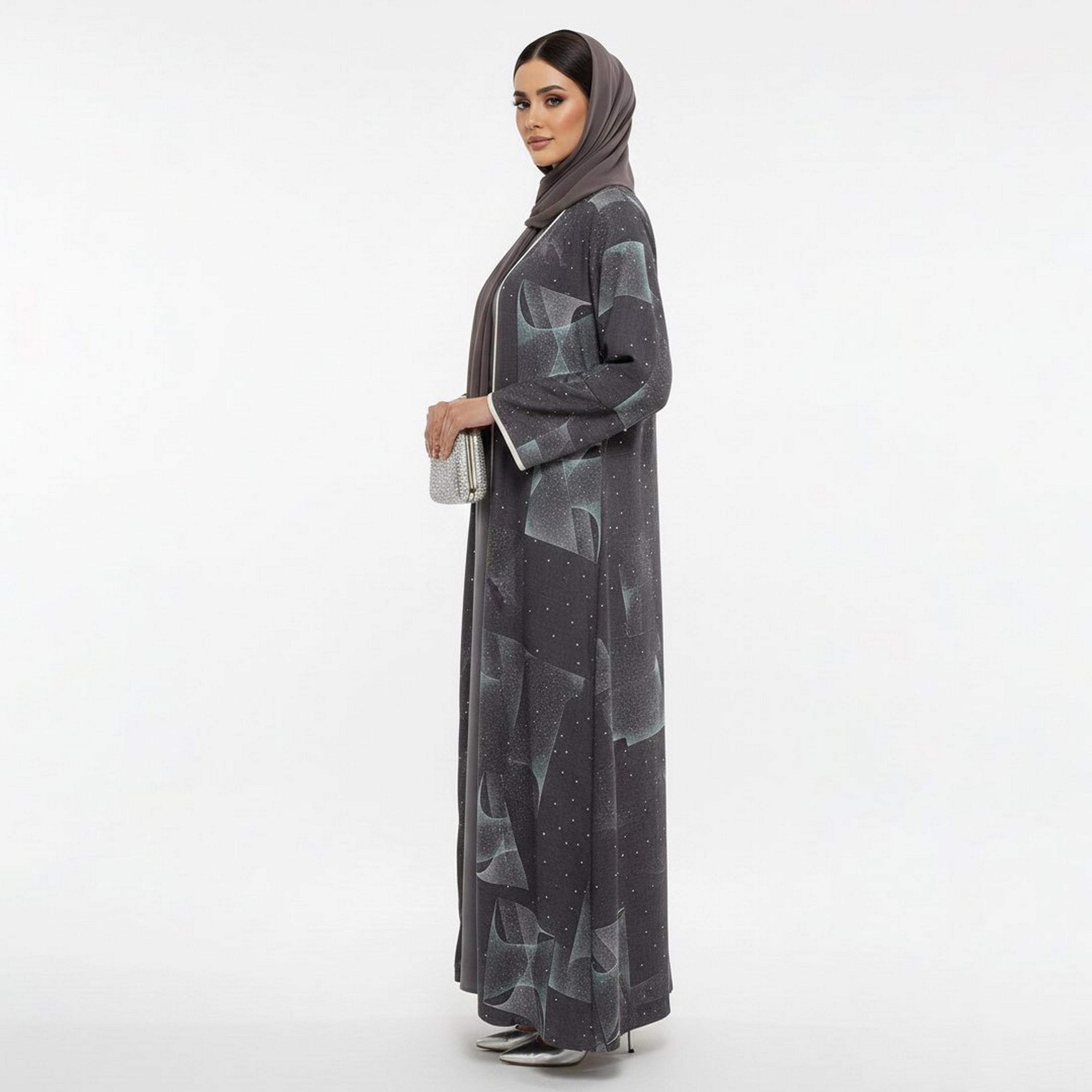 Beyond Abaya Grey Geometric Linen Women's Evening Abaya-women-arabicclothing-abayas-image-4