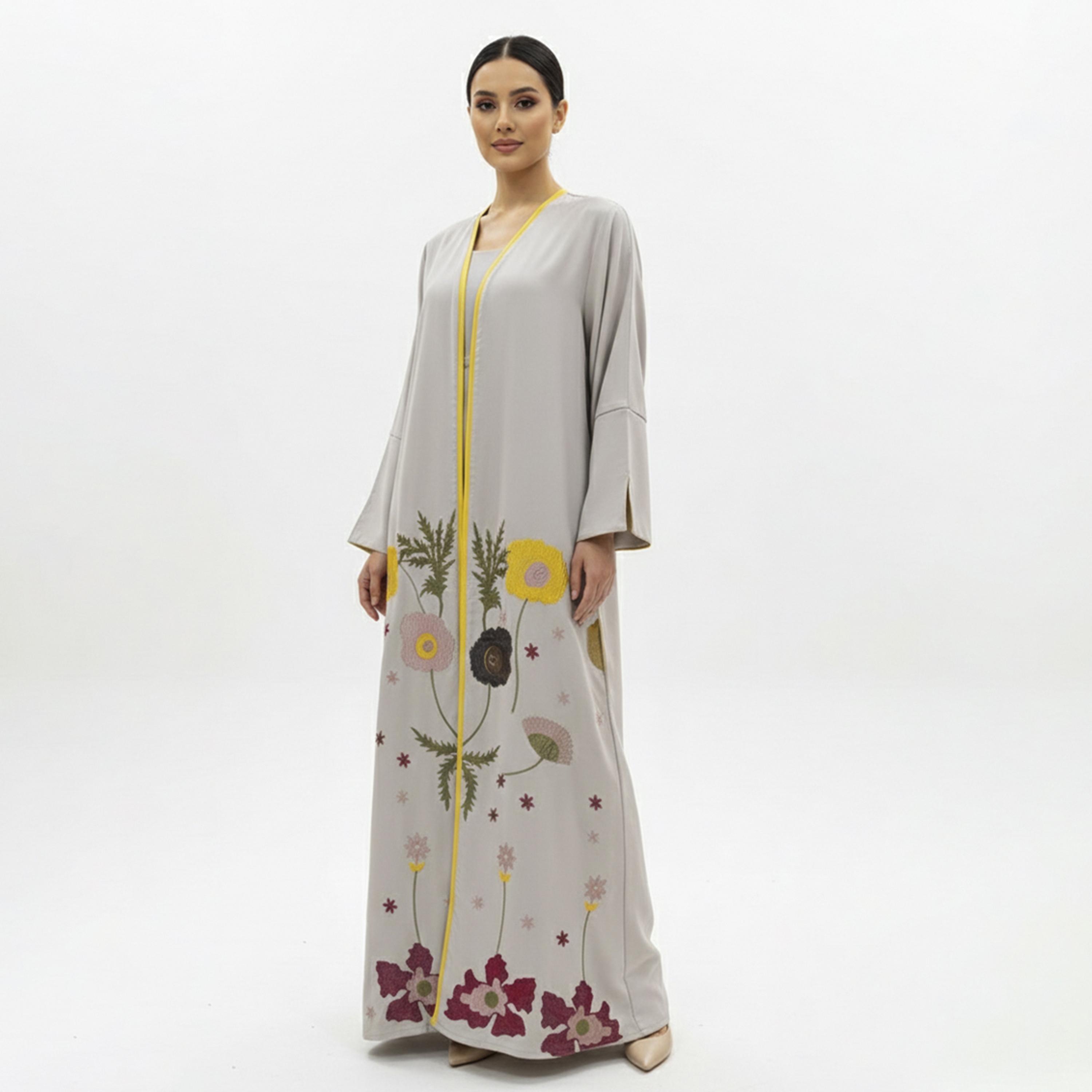 Beyond Abaya Light Grey Floral Embroidered Linen Women's Evening Abaya-women-arabicclothing-abayas-image-1