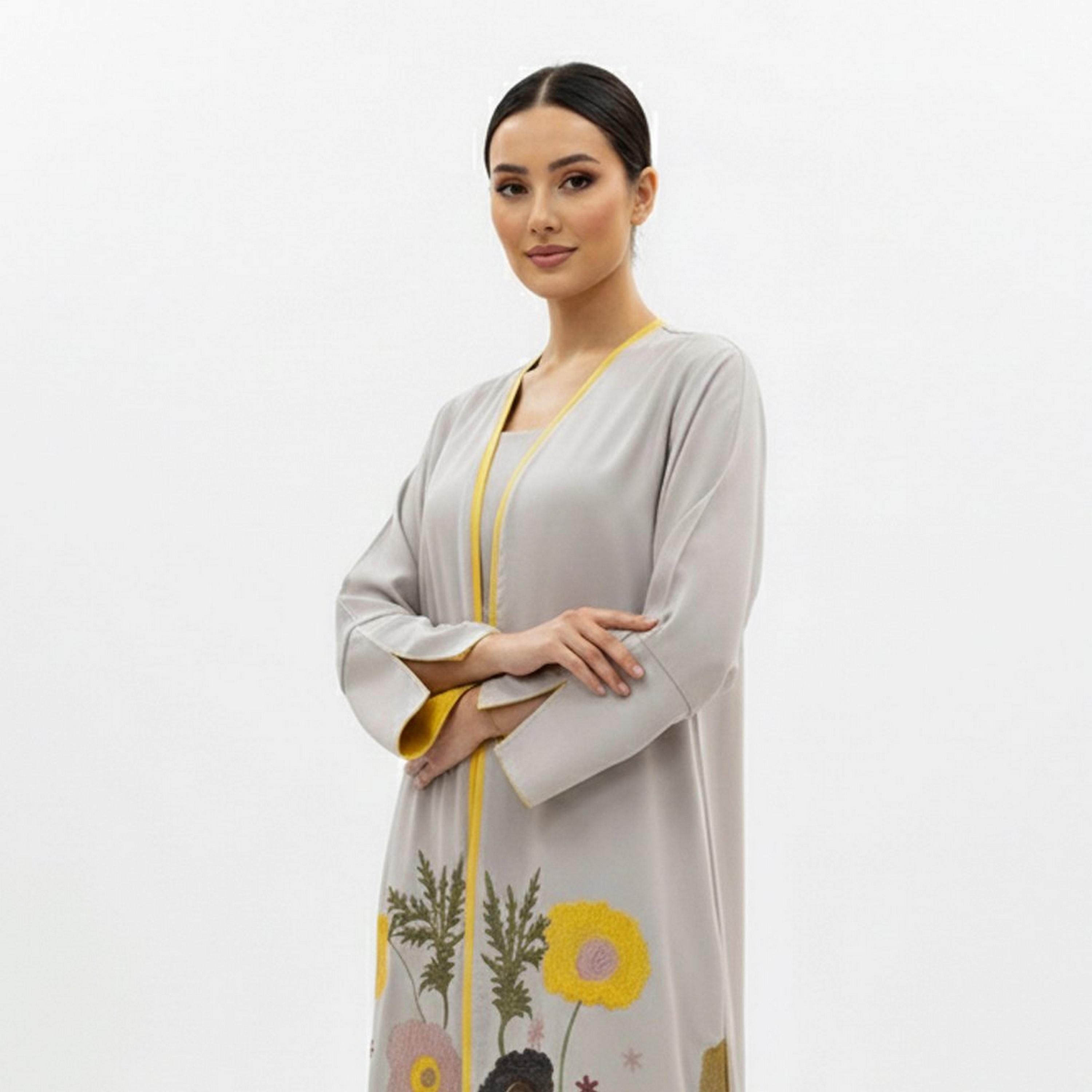 Beyond Abaya Light Grey Floral Embroidered Linen Women's Evening Abaya-women-arabicclothing-abayas-image-2