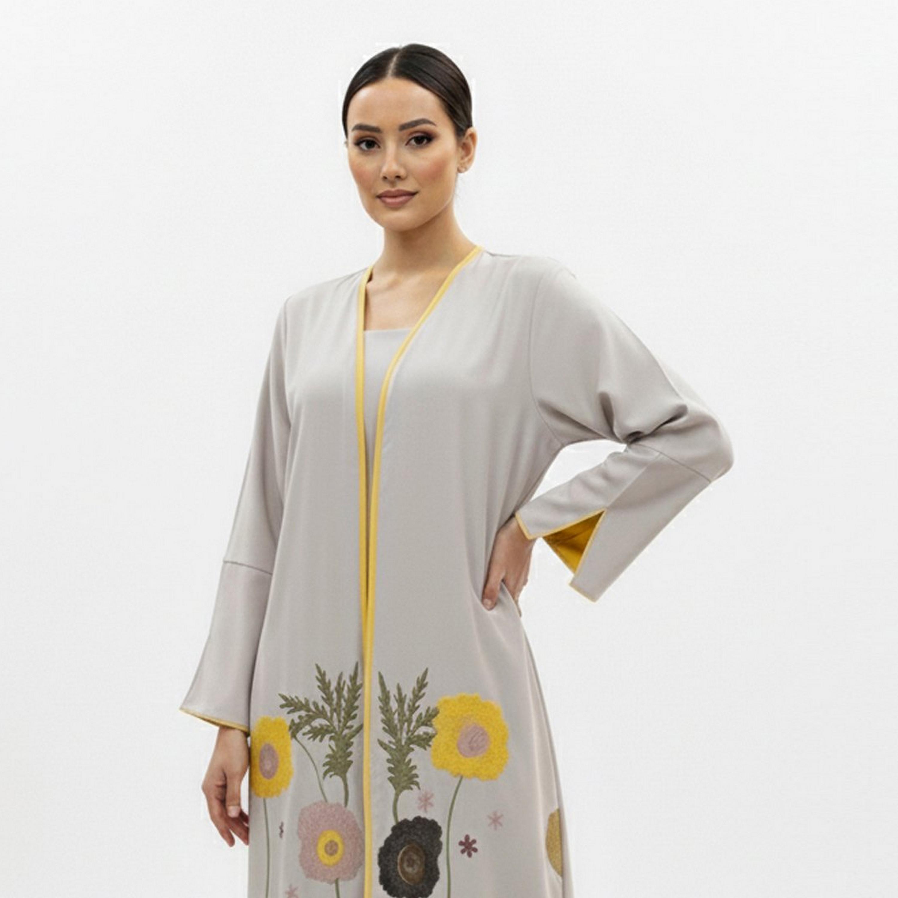 Beyond Abaya Light Grey Floral Embroidered Linen Women's Evening Abaya-women-arabicclothing-abayas-image-3