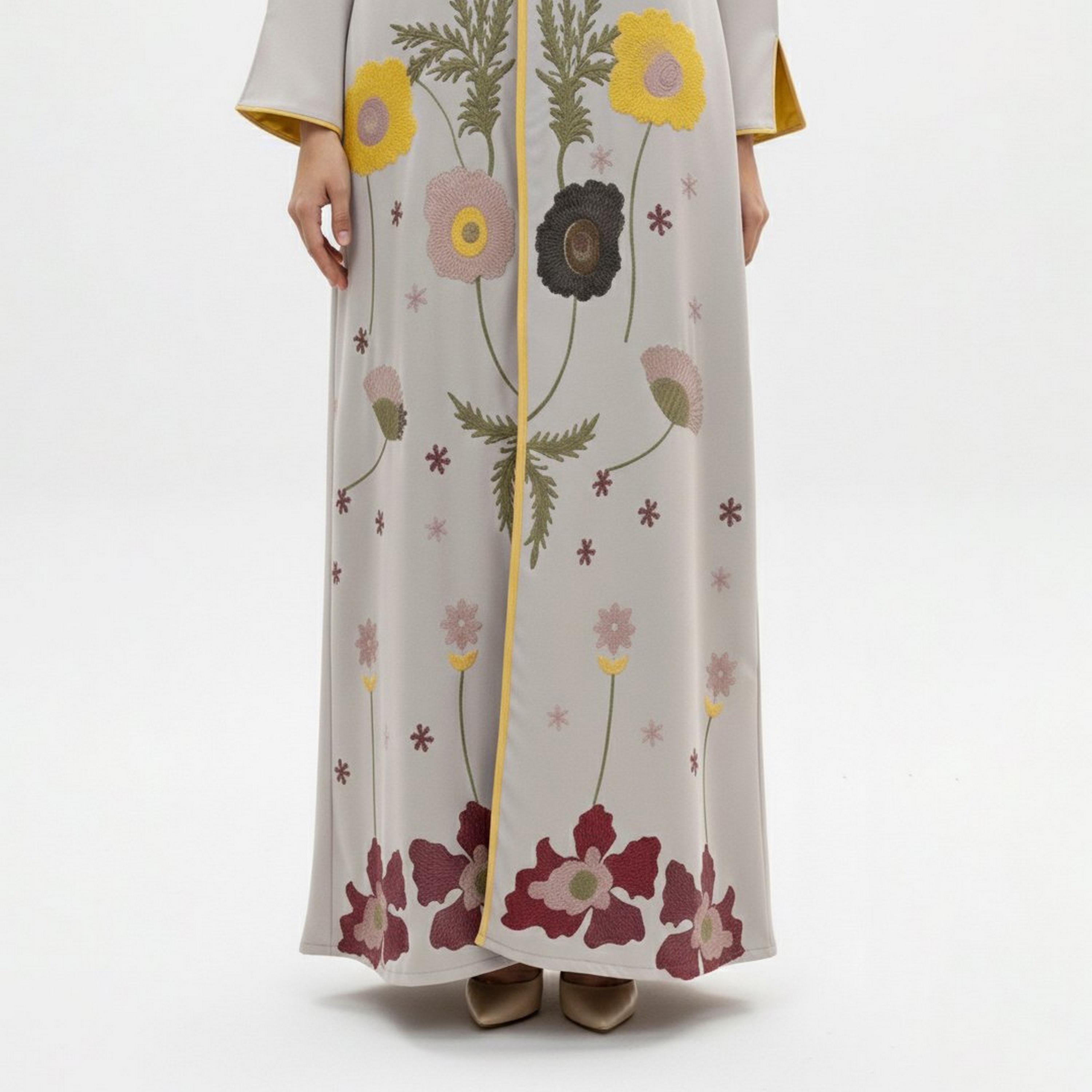 Beyond Abaya Light Grey Floral Embroidered Linen Women's Evening Abaya-women-arabicclothing-abayas-image-4