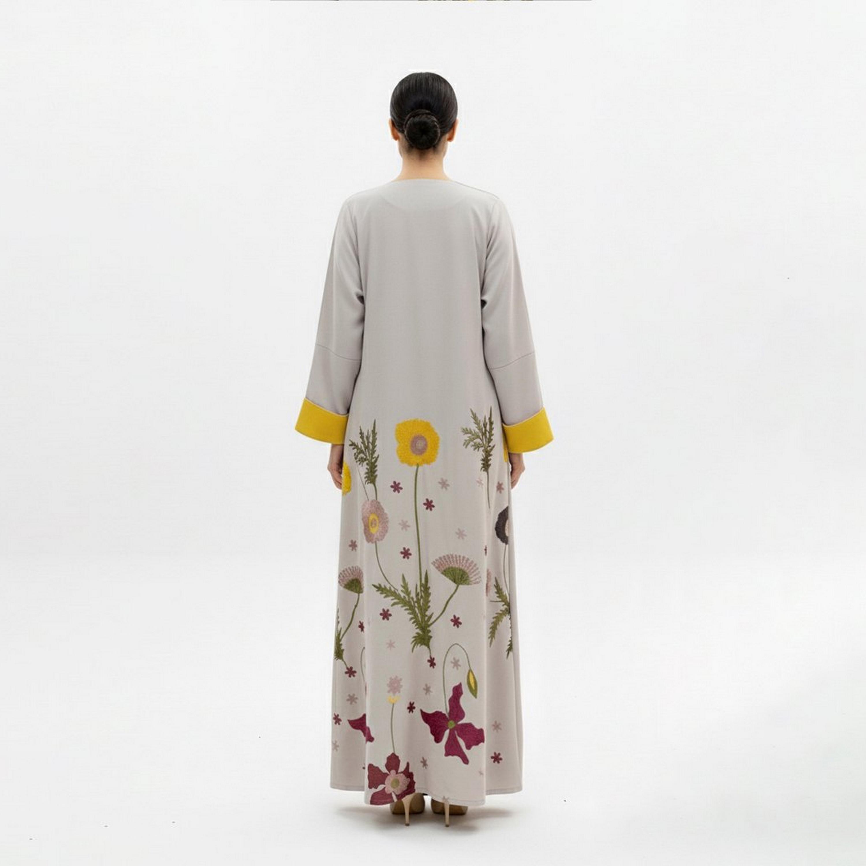 Beyond Abaya Light Grey Floral Embroidered Linen Women's Evening Abaya-women-arabicclothing-abayas-image-5