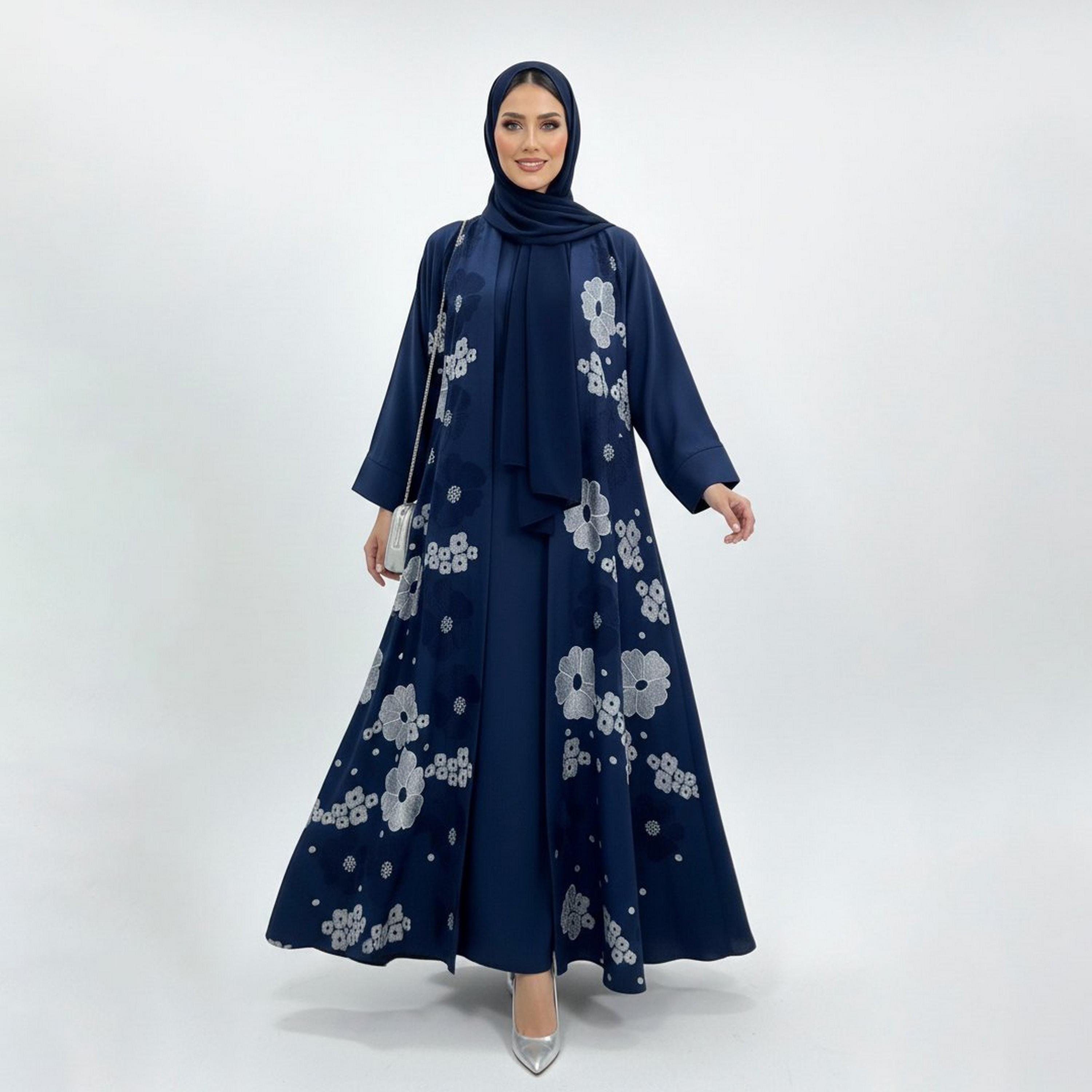عباية سهرة بقصة "كلوش" كتان بتطريز "فلورال" مع حجاب نسائية - كحلي من بيوند عباية-women-arabicclothing-abayas-image-1