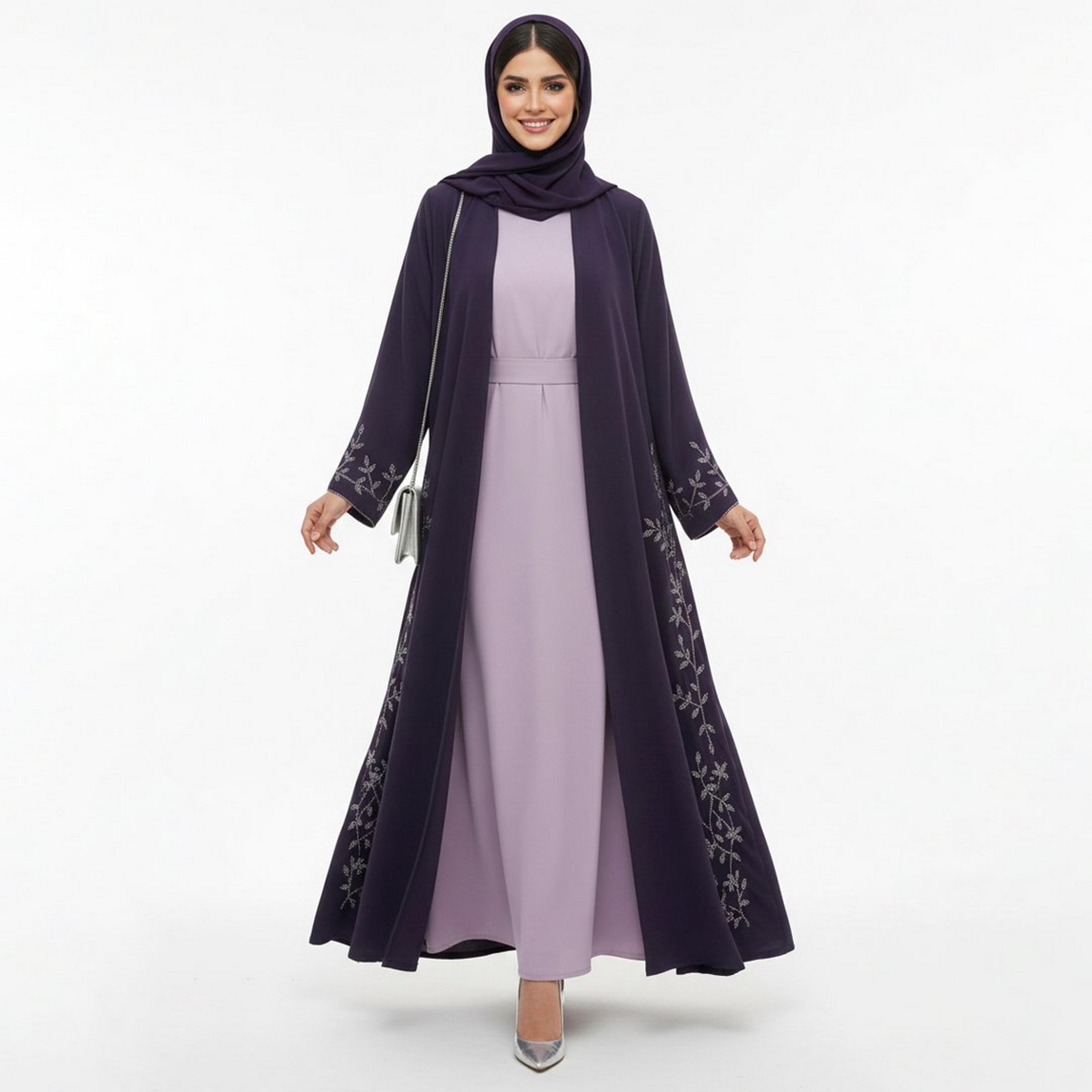 Beyond Abaya Dark Purple Leaf Embroidered Linen Women's Cloche Cut Abaya with Hijab-women-arabicclothing-abayas-image-1