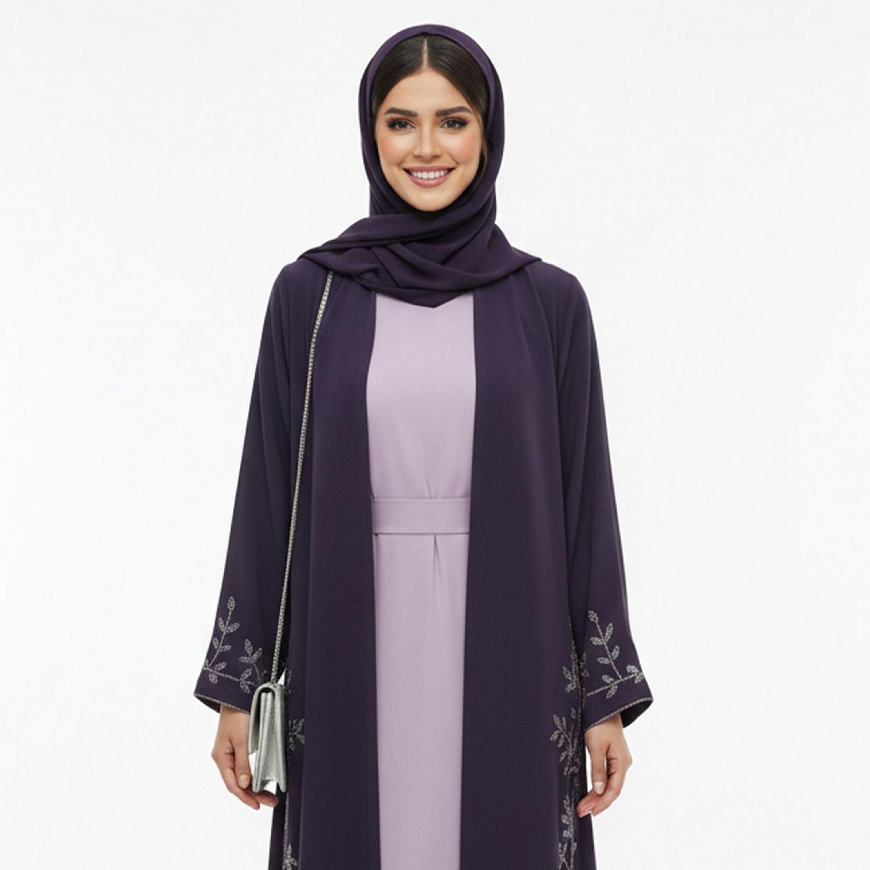 Beyond Abaya Dark Purple Leaf Embroidered Linen Women's Cloche Cut Abaya with Hijab-women-arabicclothing-abayas-image-2