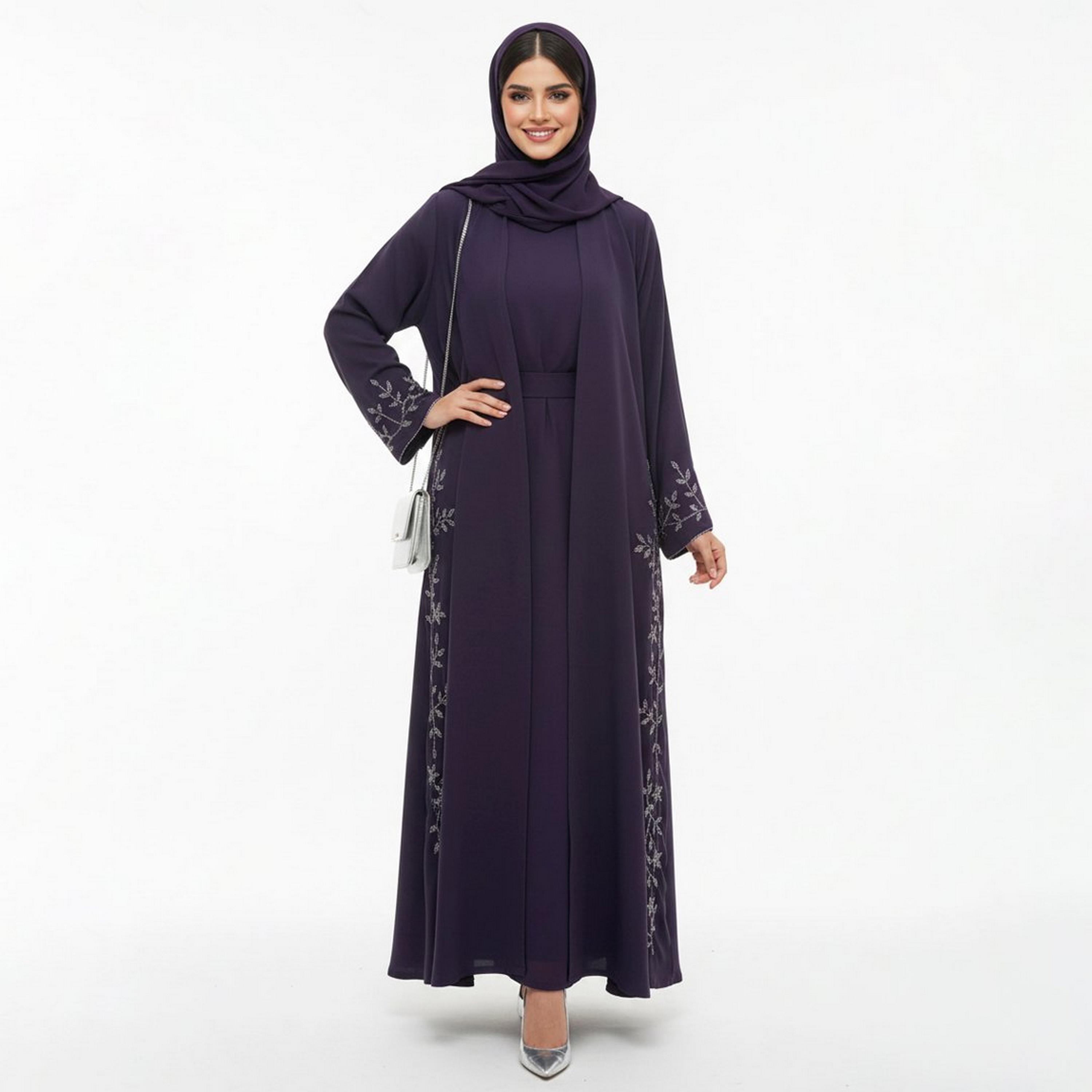 Beyond Abaya Dark Purple Leaf Embroidered Linen Women's Cloche Cut Abaya with Hijab-women-arabicclothing-abayas-image-3