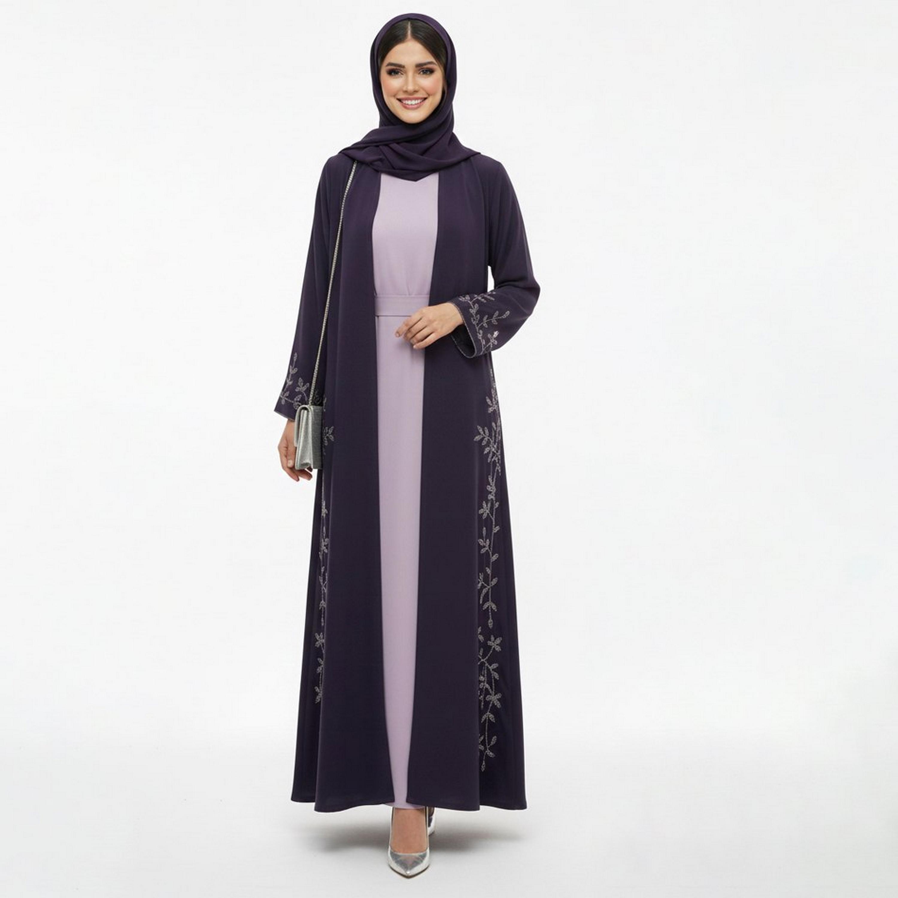 Beyond Abaya Dark Purple Leaf Embroidered Linen Women's Cloche Cut Abaya with Hijab-women-arabicclothing-abayas-image-4