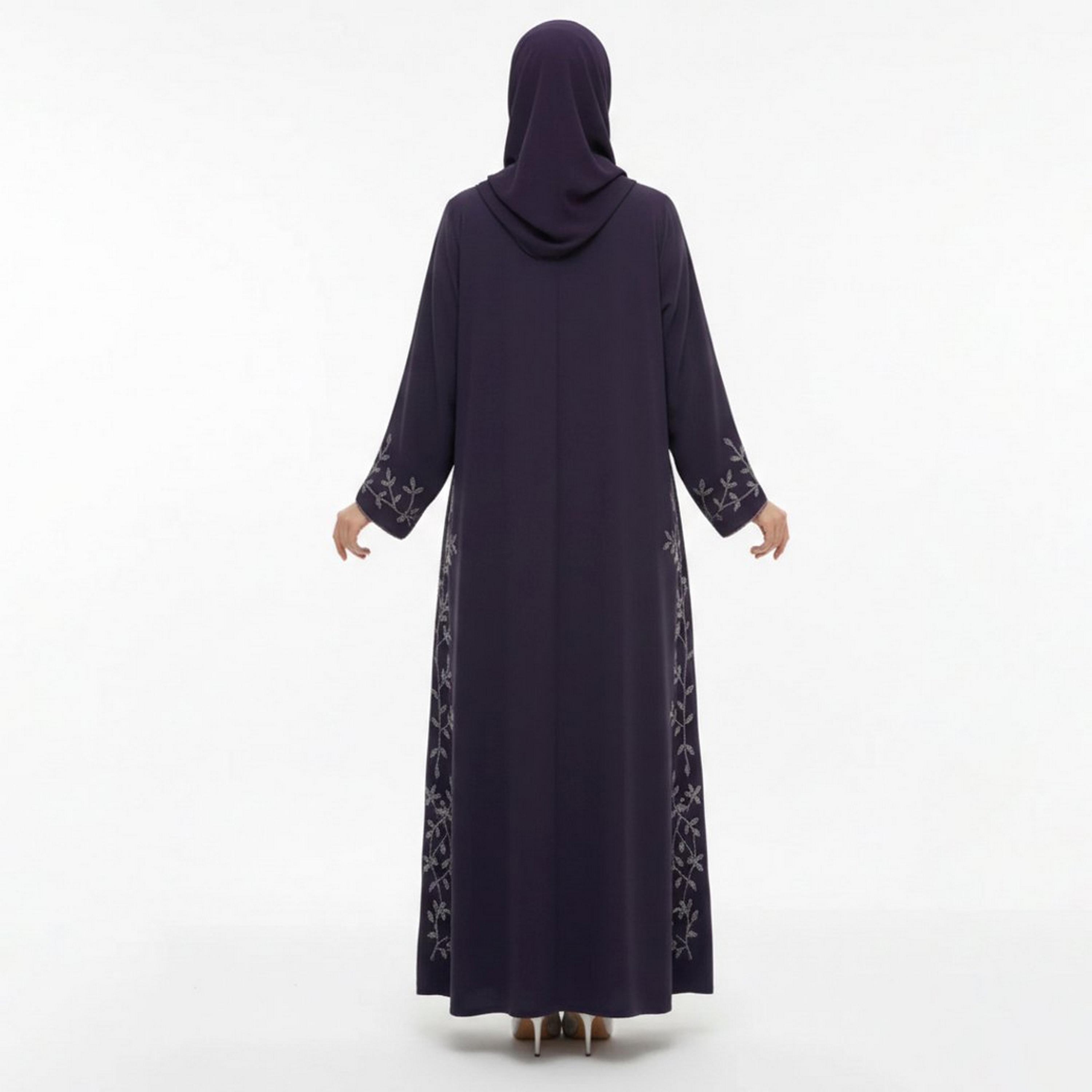 Beyond Abaya Dark Purple Leaf Embroidered Linen Women's Cloche Cut Abaya with Hijab-women-arabicclothing-abayas-image-5