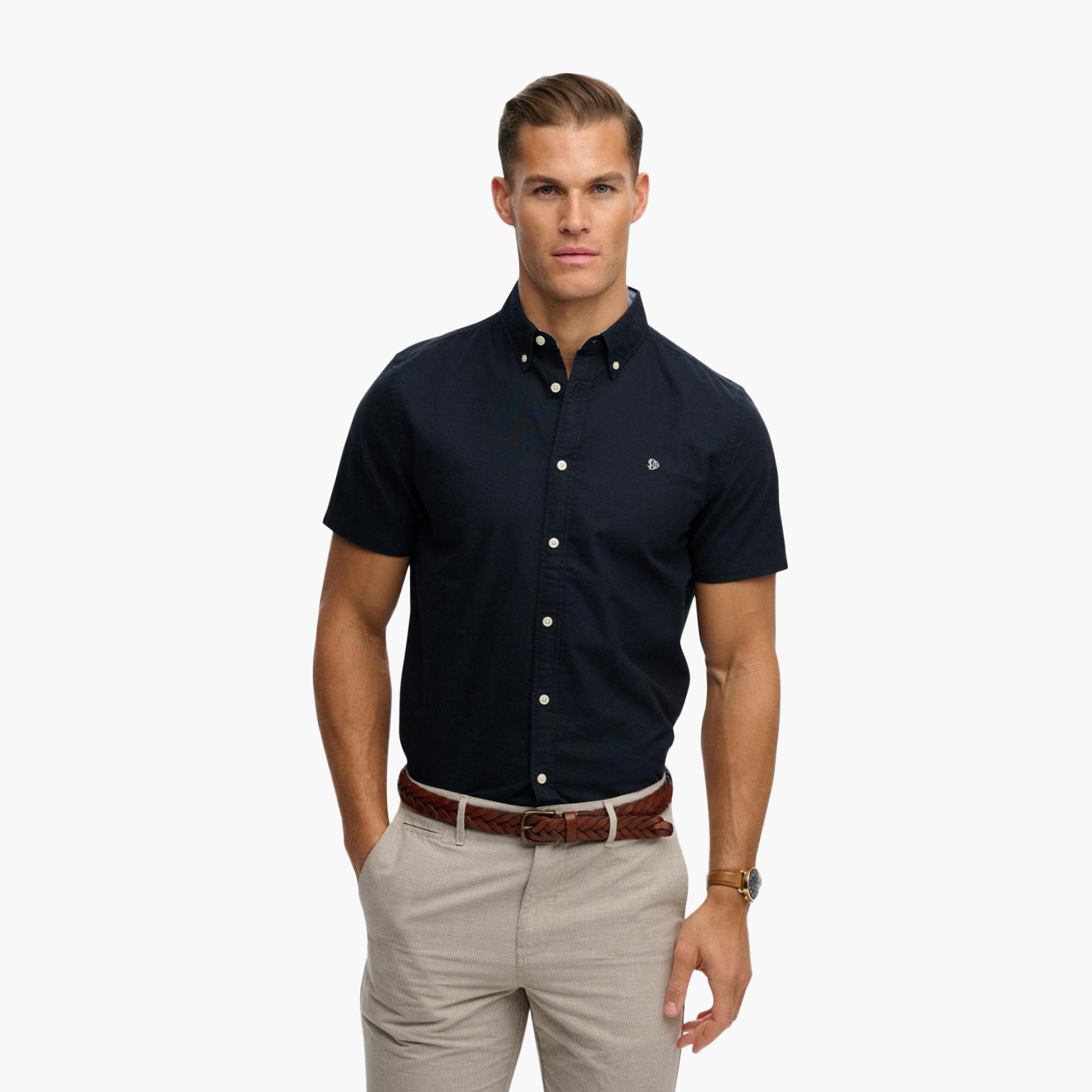 قميص رجالي سادة بأكمام قصيرة وياقة بأزرار من سوبر دراي-men-clothing-shirts-image-2