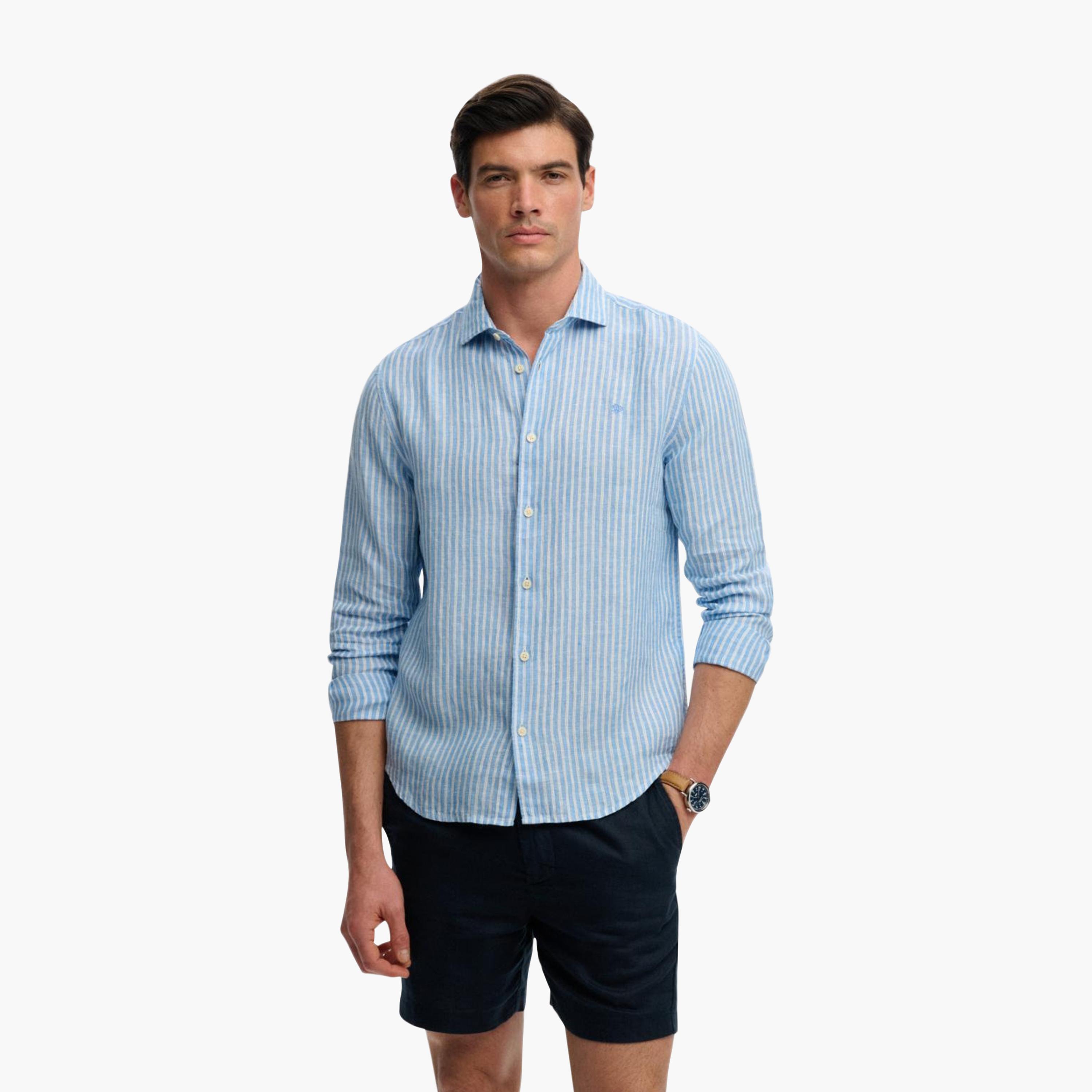قميص كتان رجالي مخطط بياقة مفرودة وأكمام طويلة من سوبر دراي-men-clothing-shirts-image-1