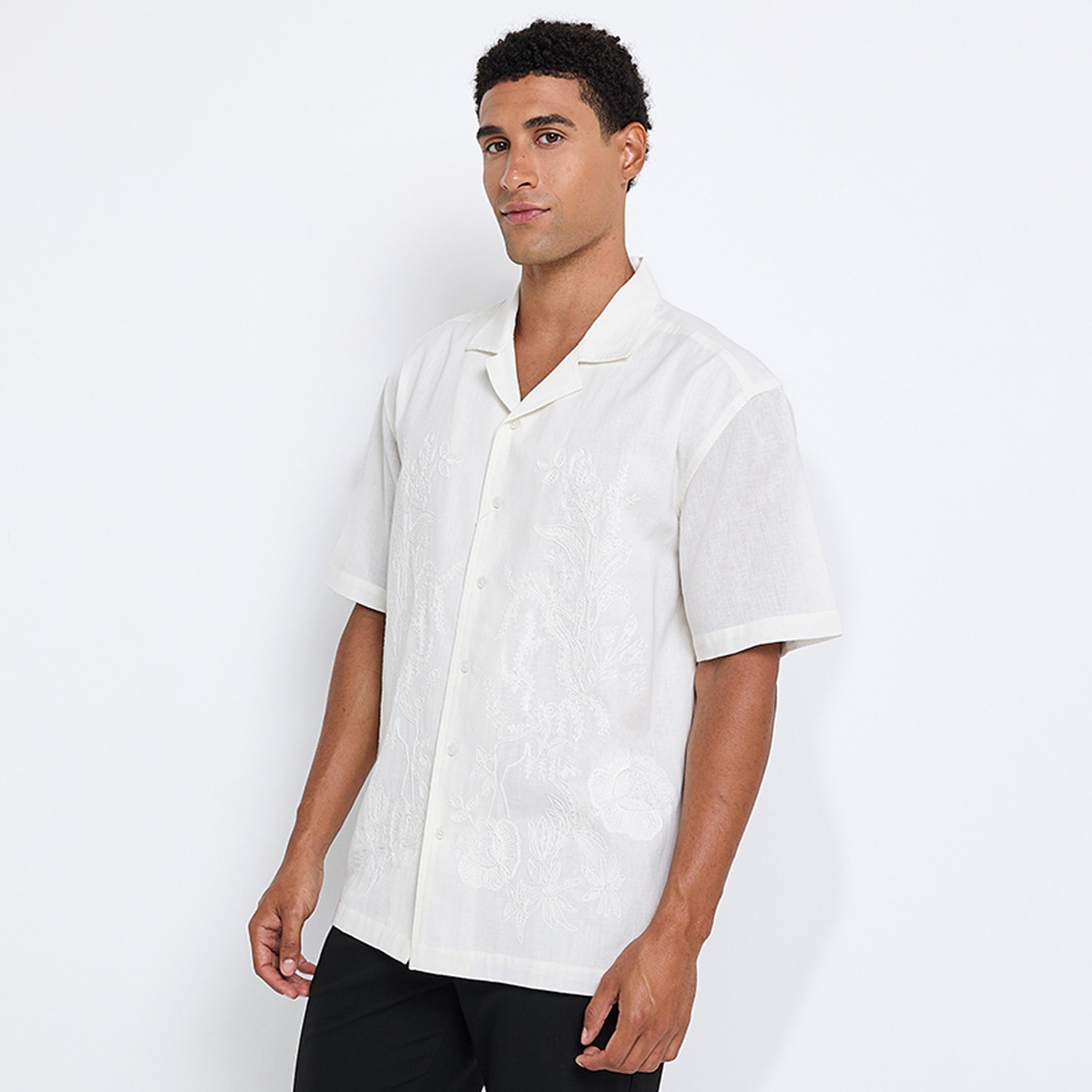 Ben Sherman Regular Fit Floral Embroidered Collared Short Sleeves Men's Shirt-men-clothing-shirts-image-3