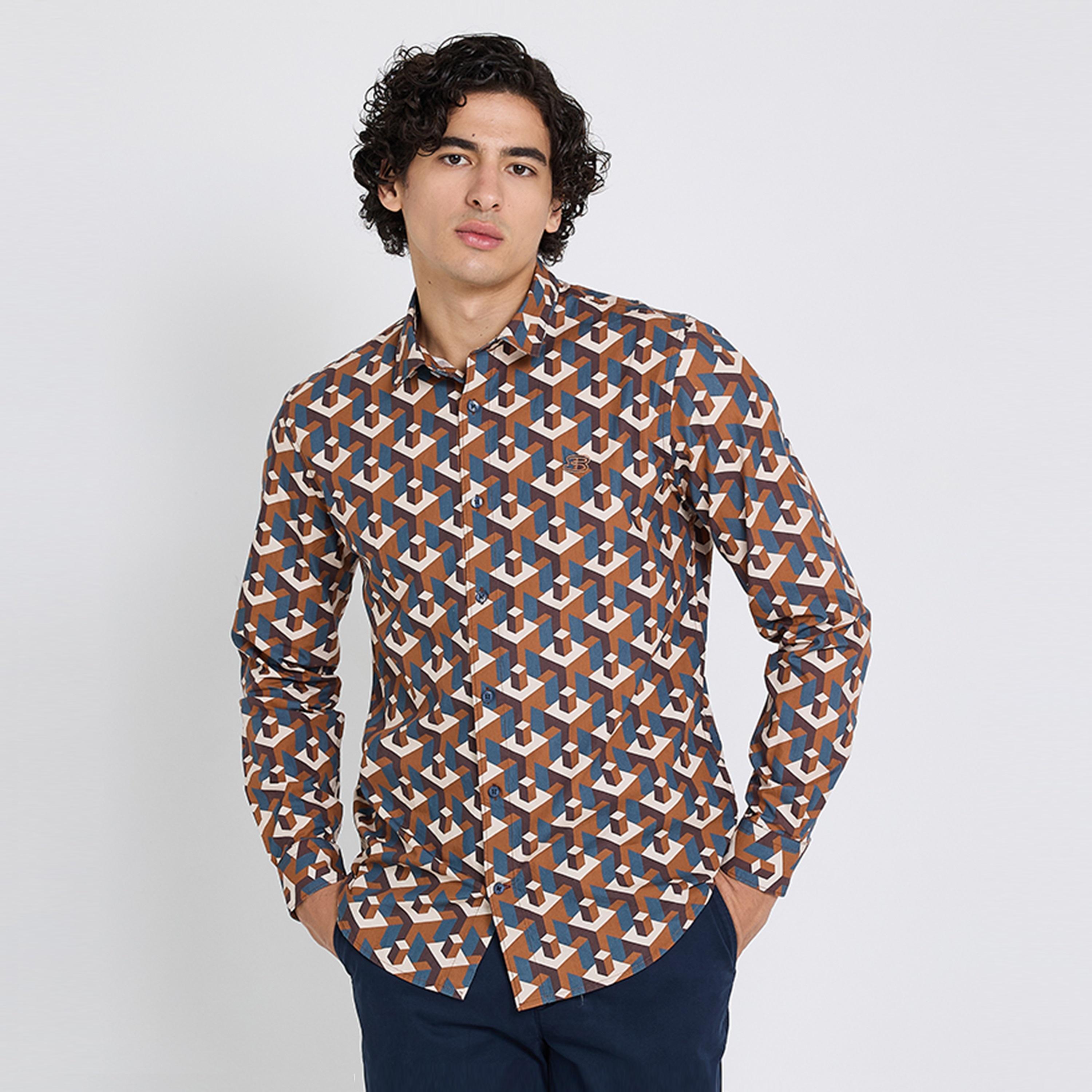 BEN SHERMAN Regular Fit Geometric Print Collared Long Sleeves Men's Shirt-men-clothing-shirts-image-1
