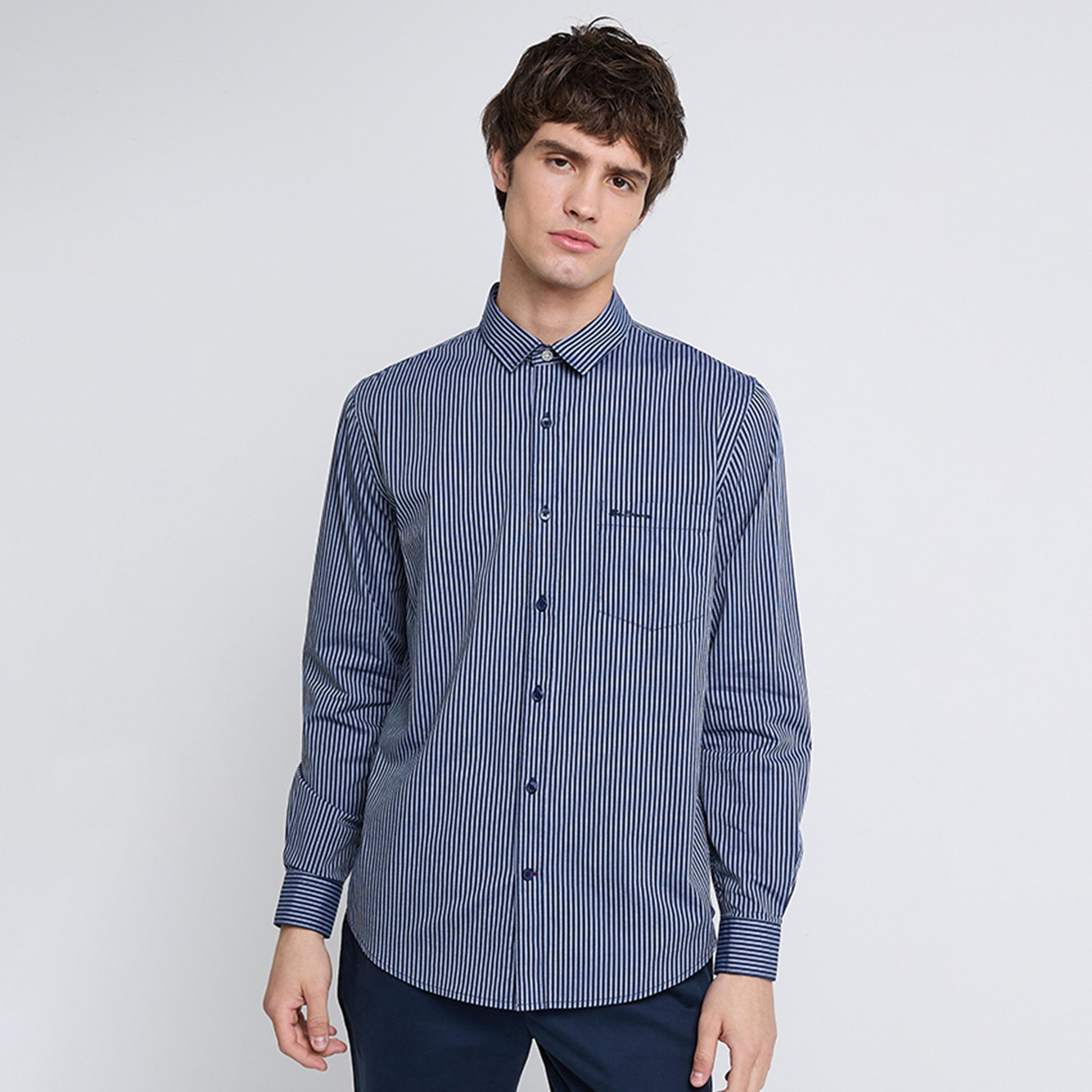 قميص رجالي بقصة عادية مخطط بياقة وأكمام طويلة من بن شيرمان-men-clothing-shirts-image-1
