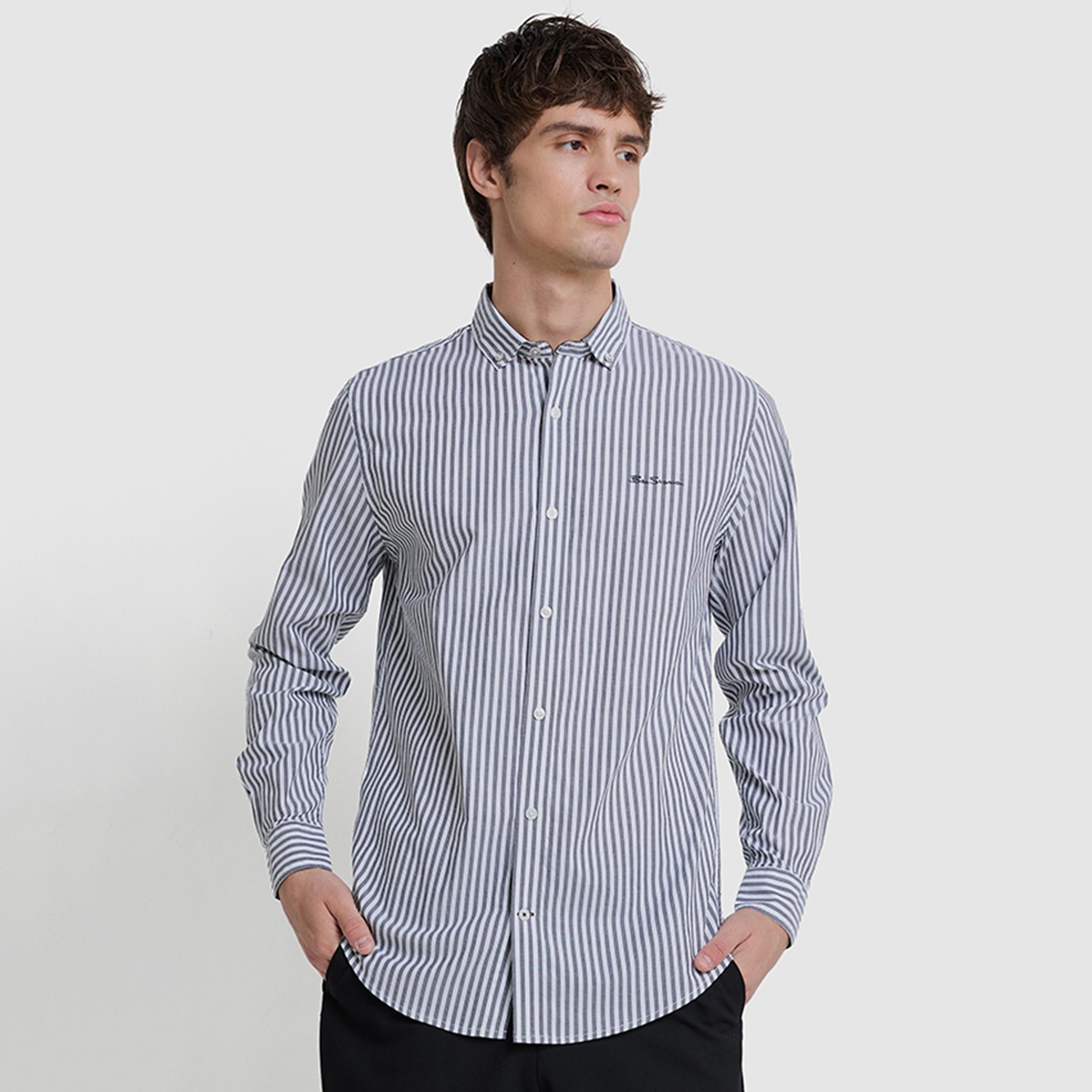 قميص رجالي بقصة عادية مخطط بياقة وأكمام طويلة من بن شيرمان-men-clothing-shirts-image-1