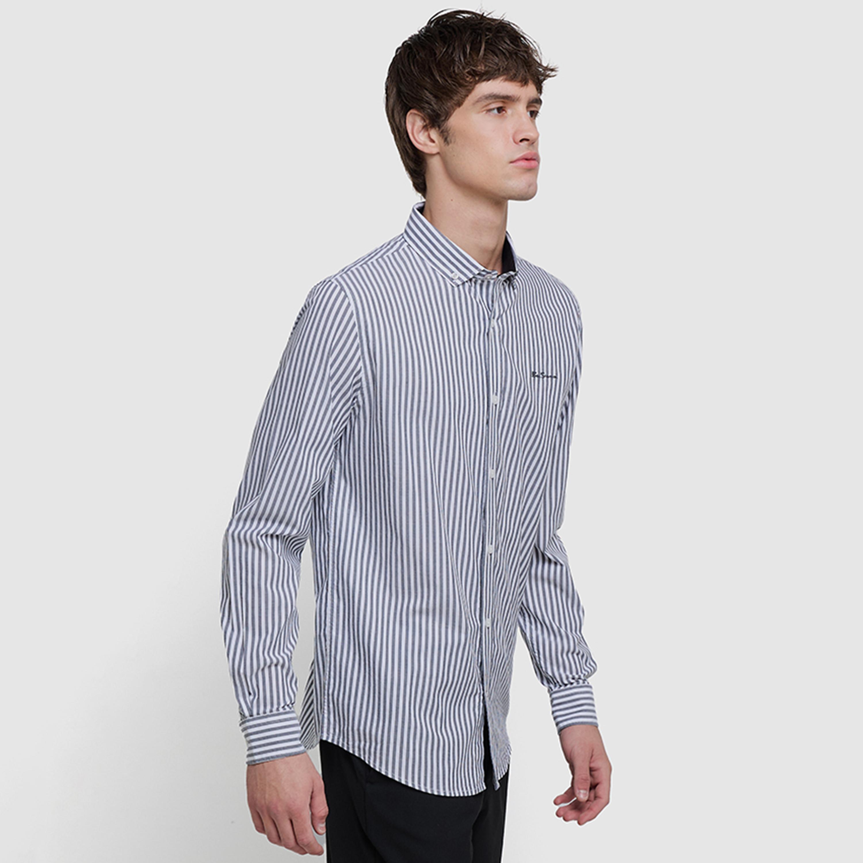 قميص رجالي بقصة عادية مخطط بياقة وأكمام طويلة من بن شيرمان-men-clothing-shirts-image-2