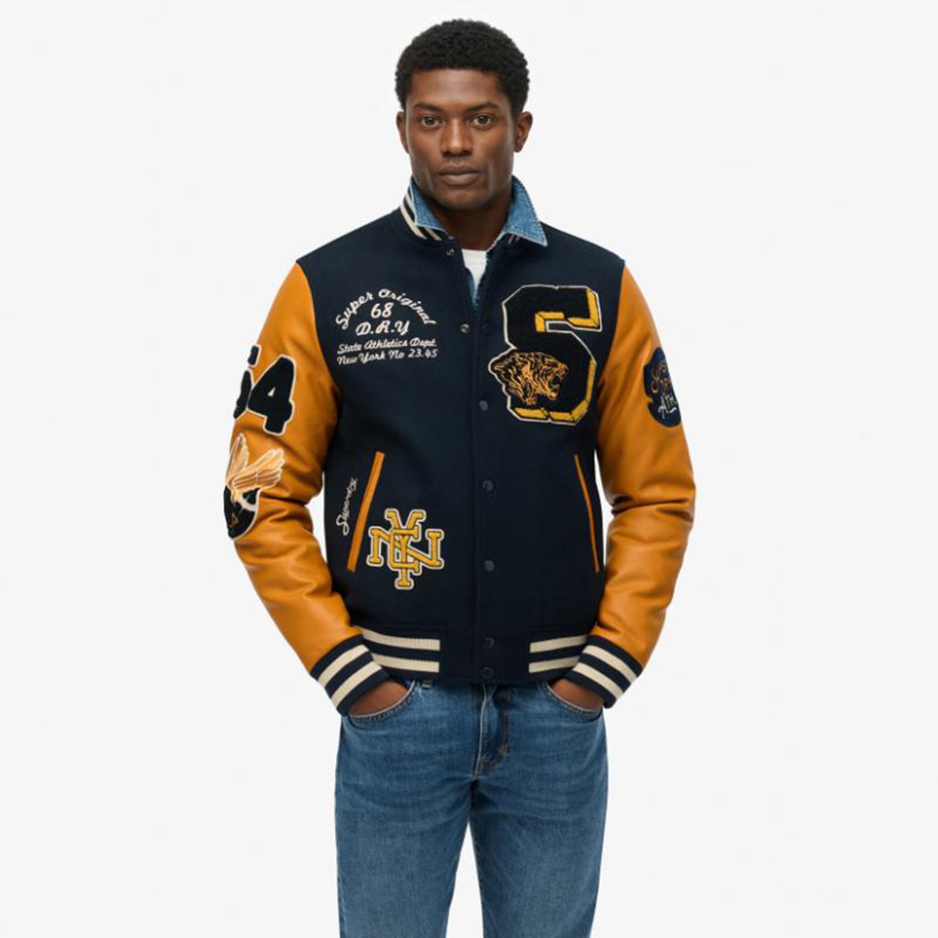 Superdry Applique & Color-Blocked Stand Collar Long Sleeves Men's Varsity Jacket-men-clothing-jacketsandblazers-jackets-image-1