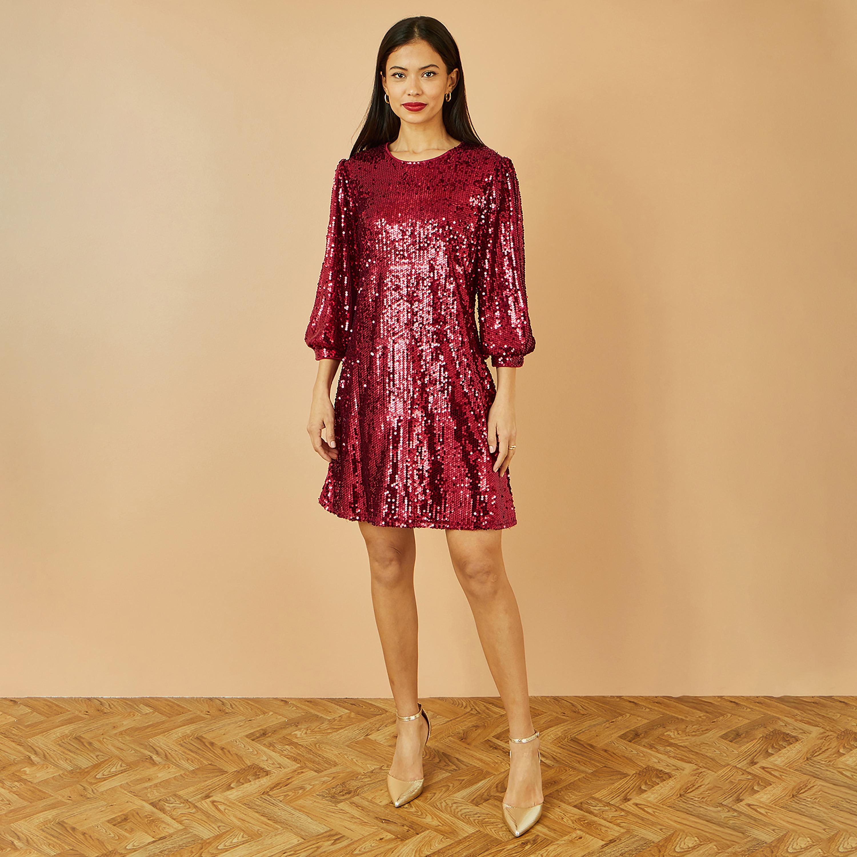 Yumi Sequined Balloon Sleeves Shift Women's Evening Mini Dress-women-clothing-dresses-image-5