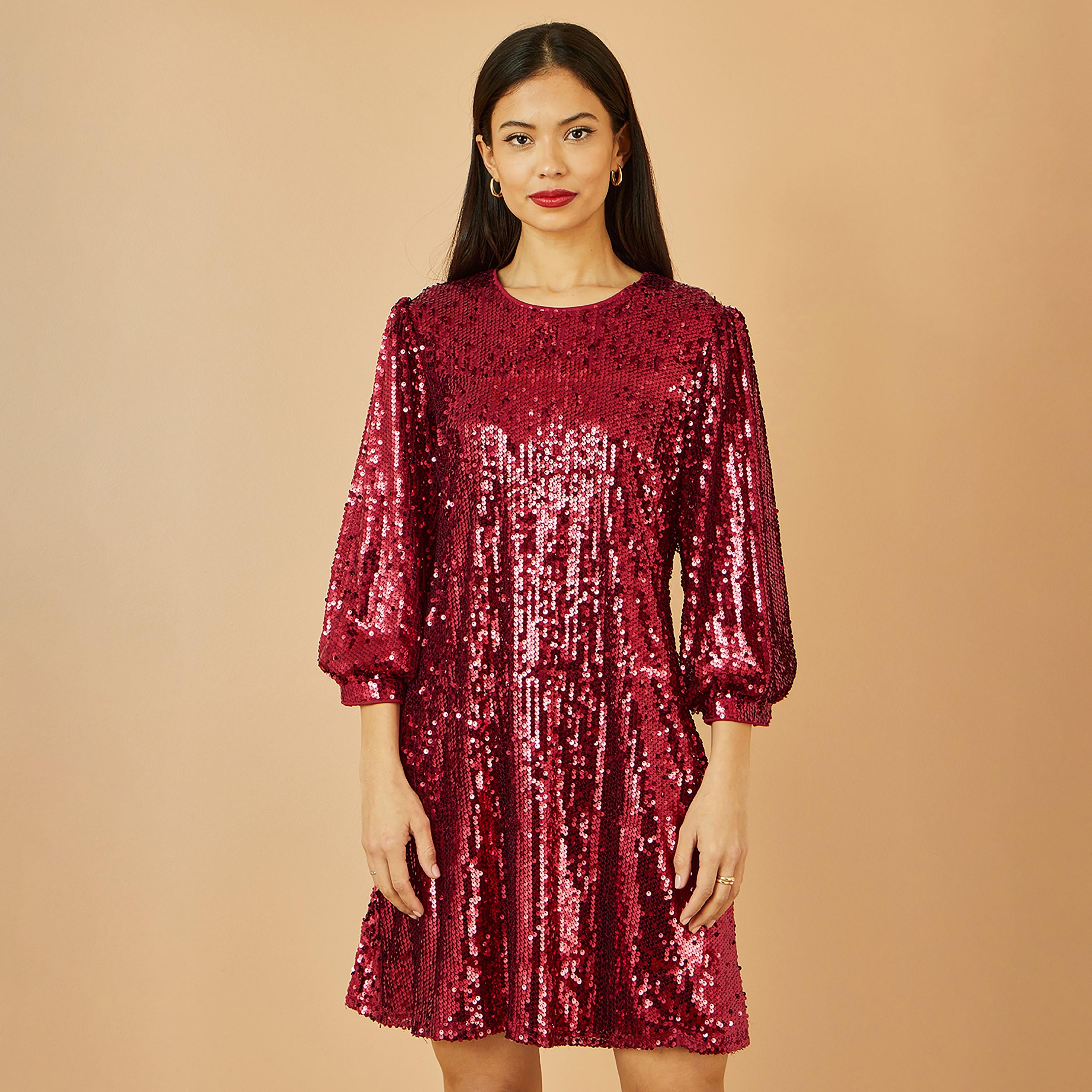 Yumi Sequined Balloon Sleeves Shift Women's Evening Mini Dress-women-clothing-dresses-image-6