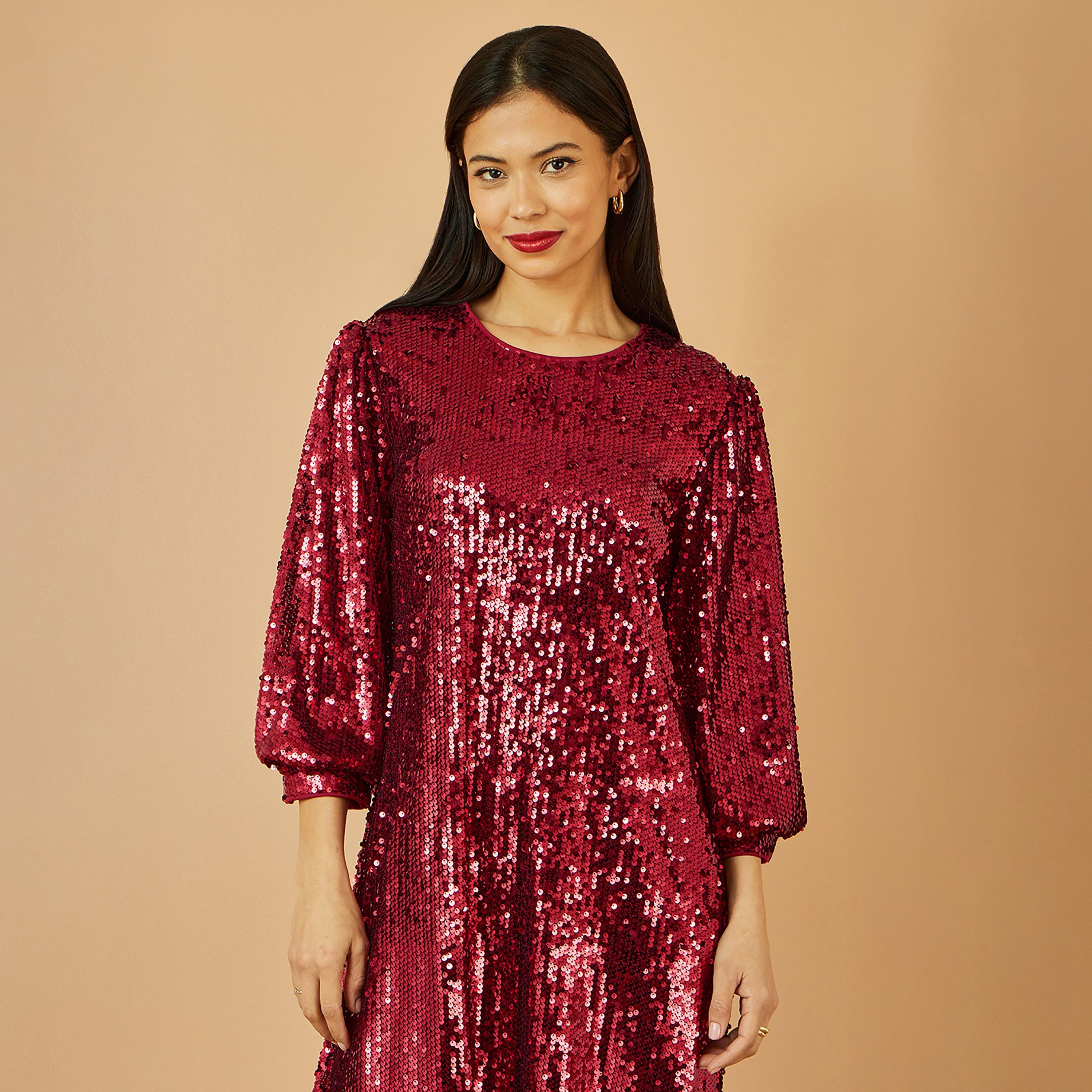 Yumi Sequined Balloon Sleeves Shift Women's Evening Mini Dress-women-clothing-dresses-image-7