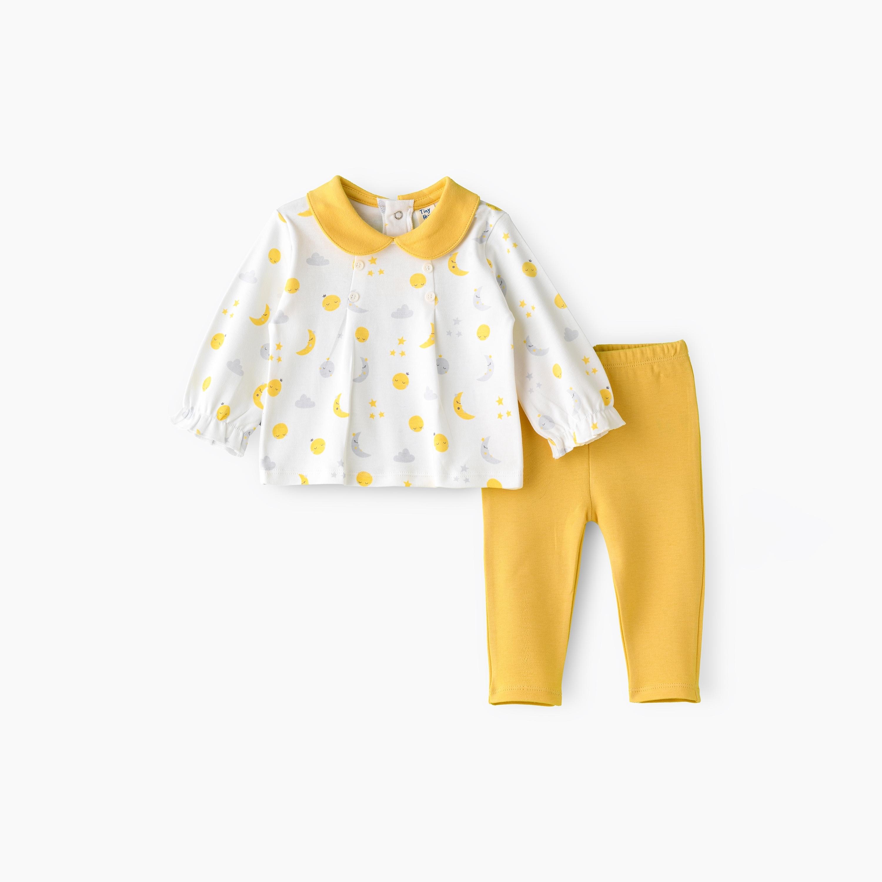 بلوزة بأكمام طويلة بطبعة قمر ونجوم مع بنطال ضيق من يونيكيدز-baby-girls-clothing-setsandcoords-image-1