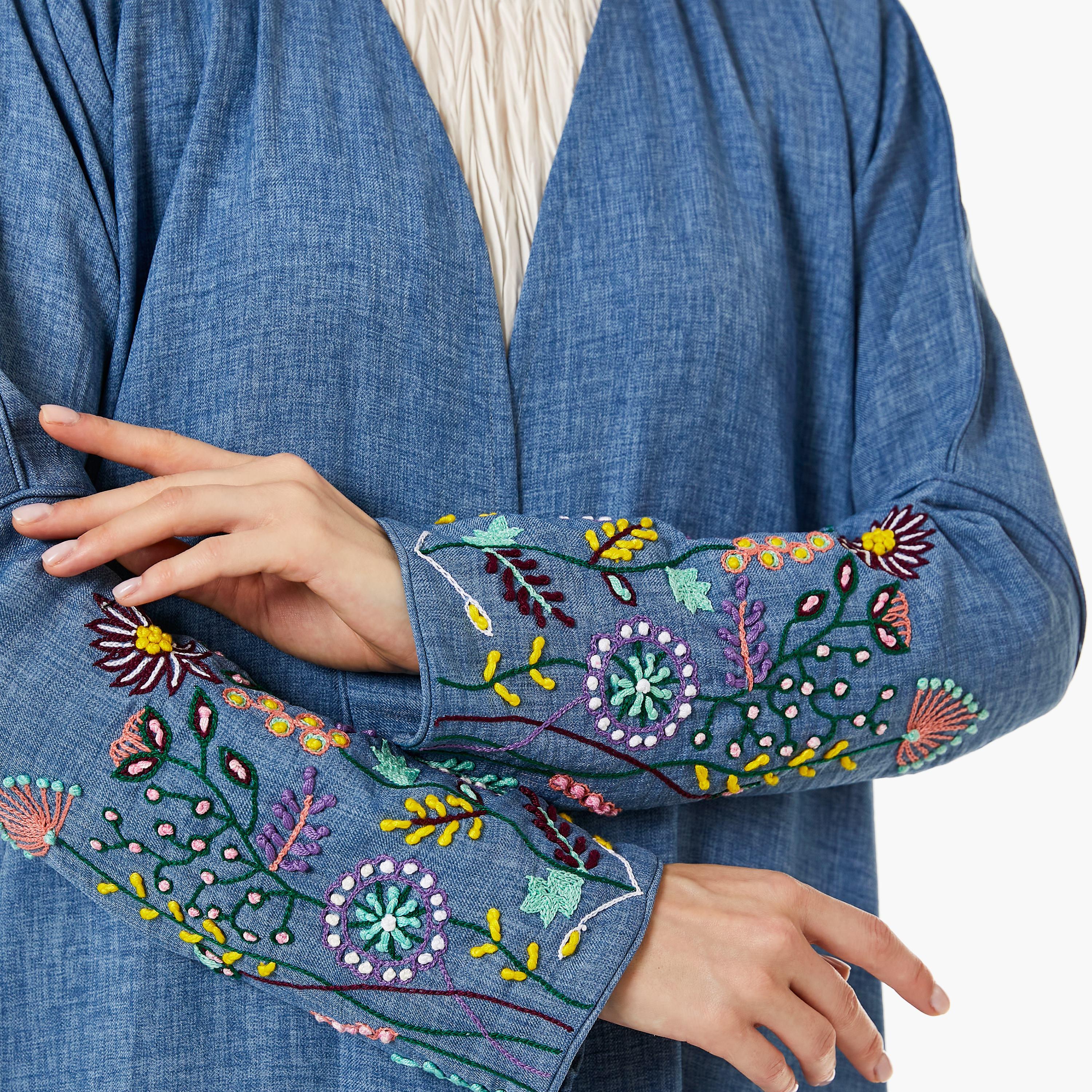Moistreet Blue Open-Front Women's Abaya with Hijab-women-arabicclothing-abayas-image-2