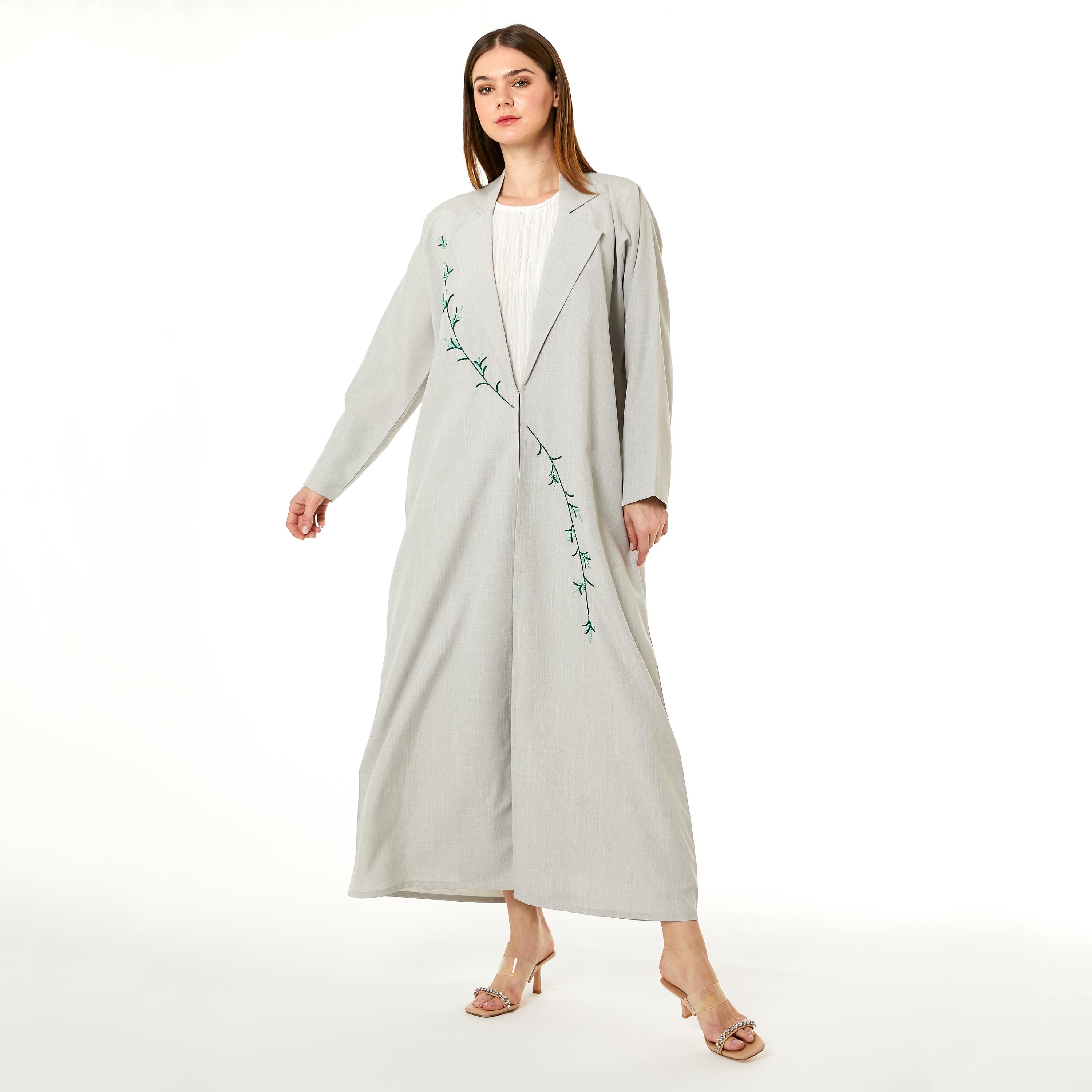 Moistreet Beige Embroidered Linen Notched Collar Women's Abaya with Hijab-women-arabicclothing-abayas-image-1