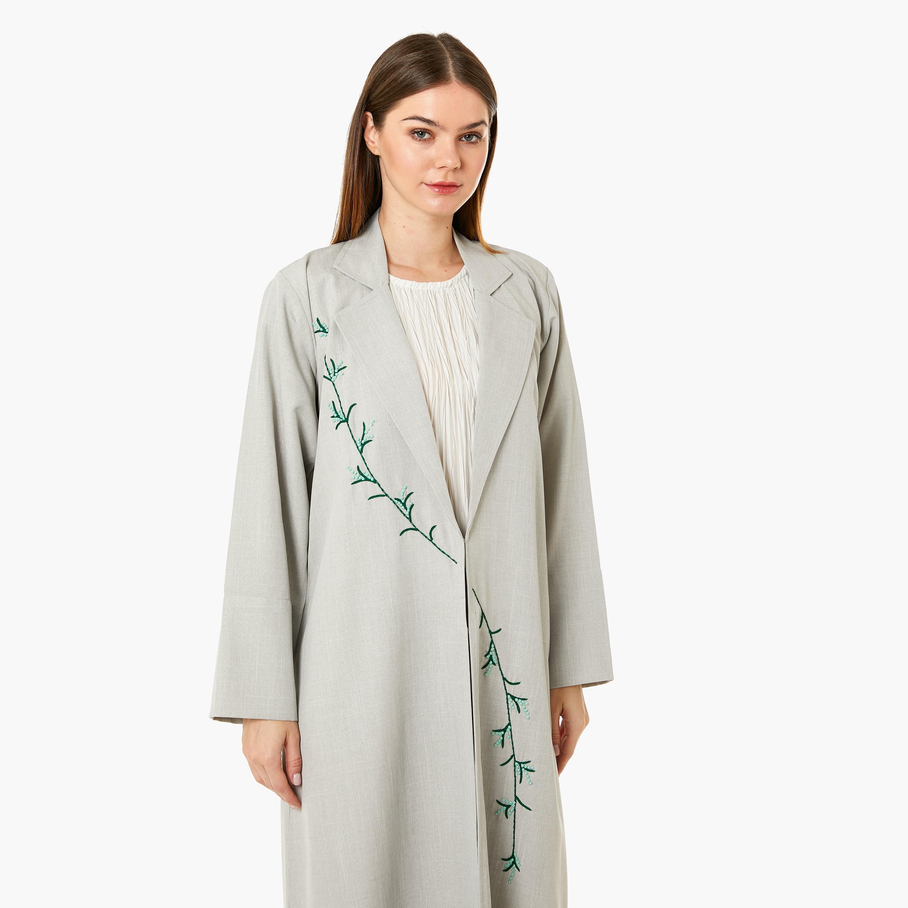 Moistreet Beige Embroidered Linen Notched Collar Women's Abaya with Hijab-women-arabicclothing-abayas-image-2