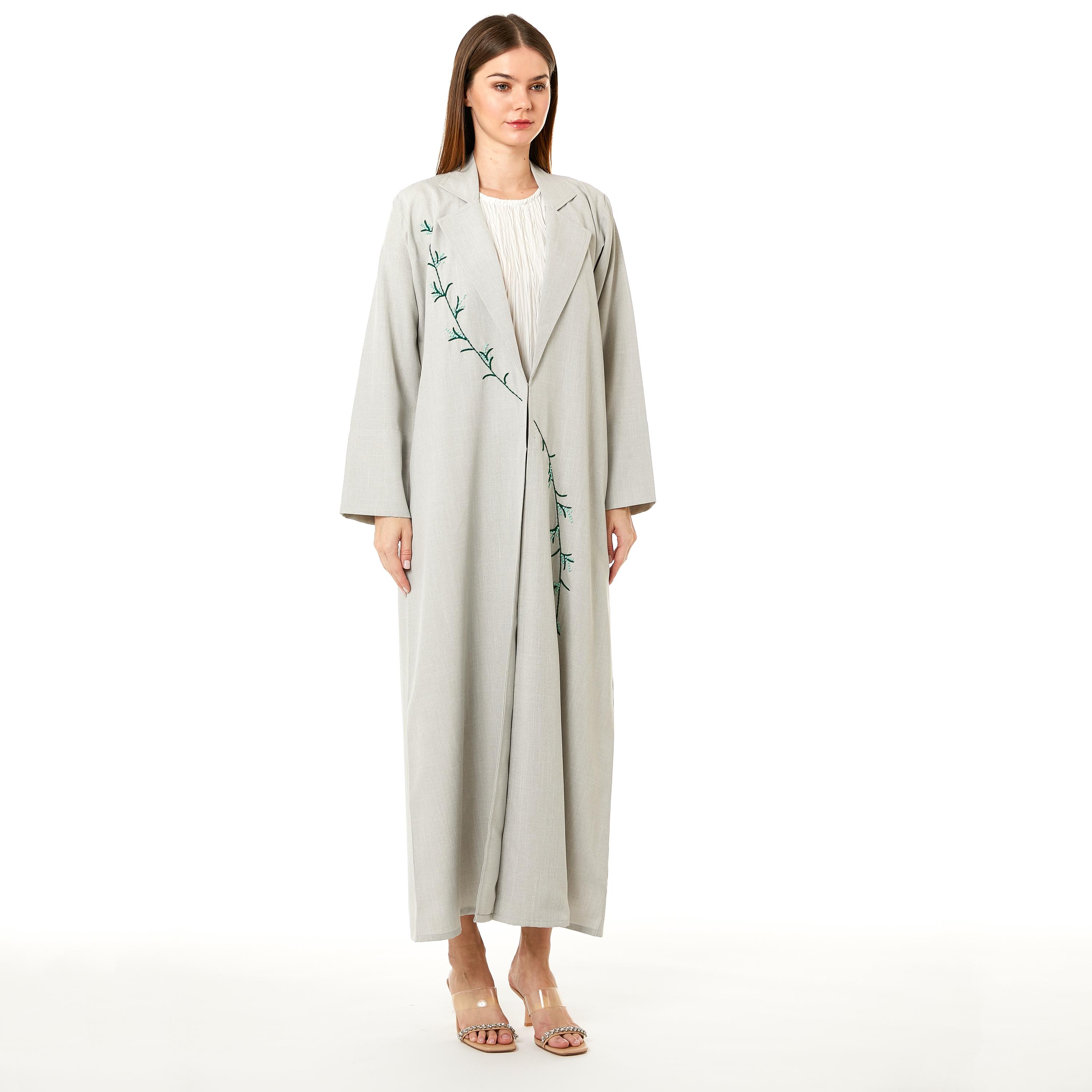 Moistreet Beige Embroidered Linen Notched Collar Women's Abaya with Hijab-women-arabicclothing-abayas-image-3