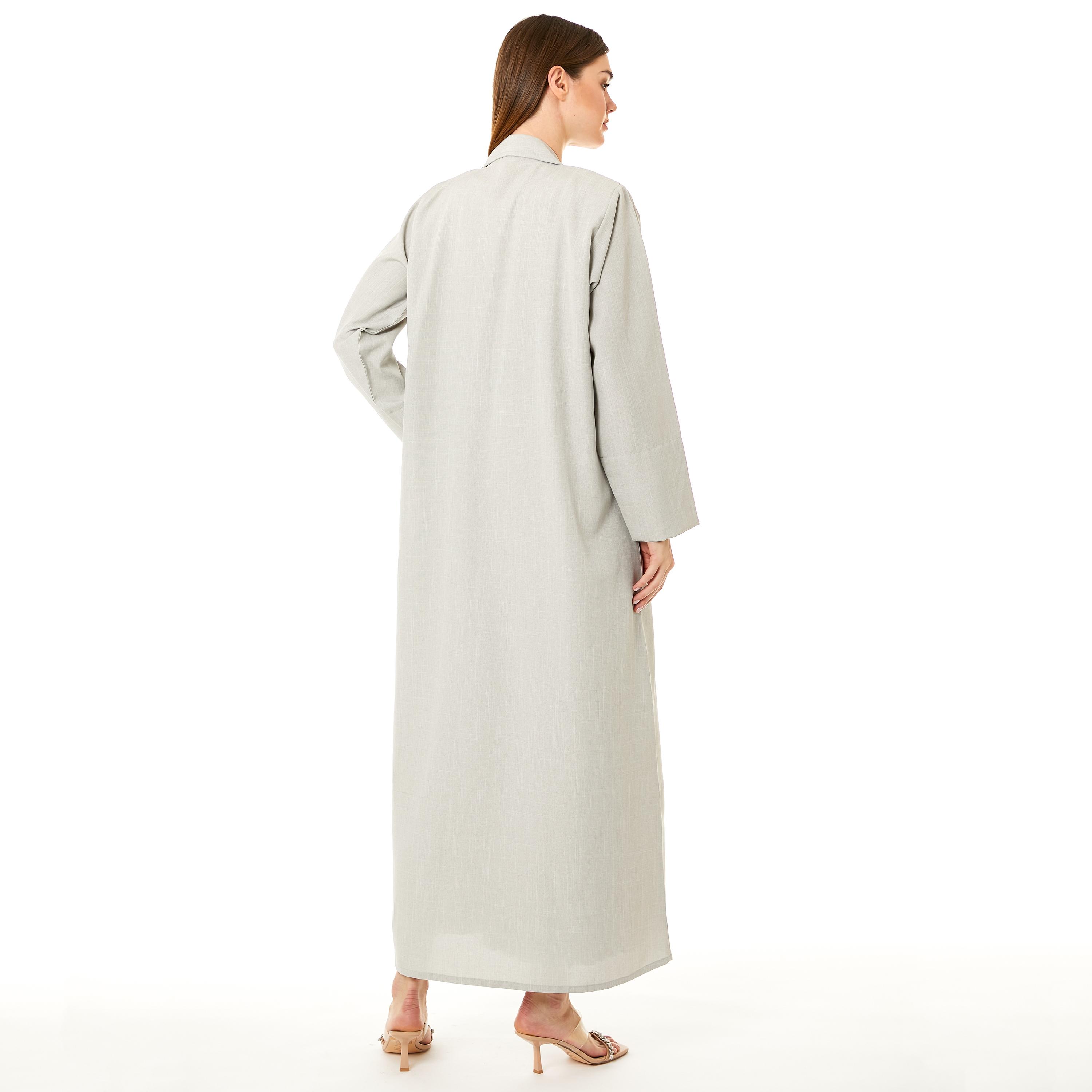 Moistreet Beige Embroidered Linen Notched Collar Women's Abaya with Hijab-women-arabicclothing-abayas-image-4