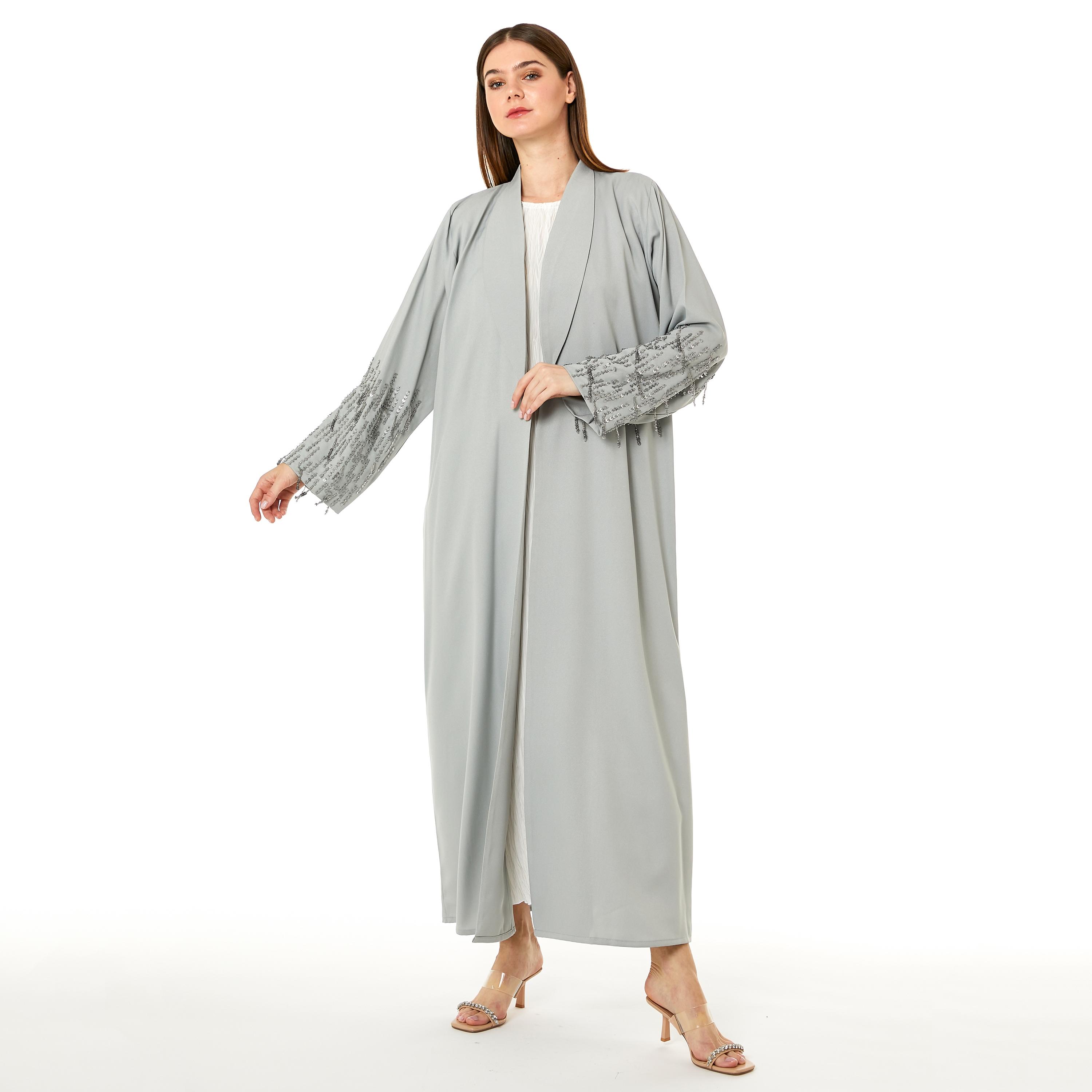 Moistreet Grey Nida Shawl Collar Women's Abaya with Hijab-women-arabicclothing-abayas-image-1