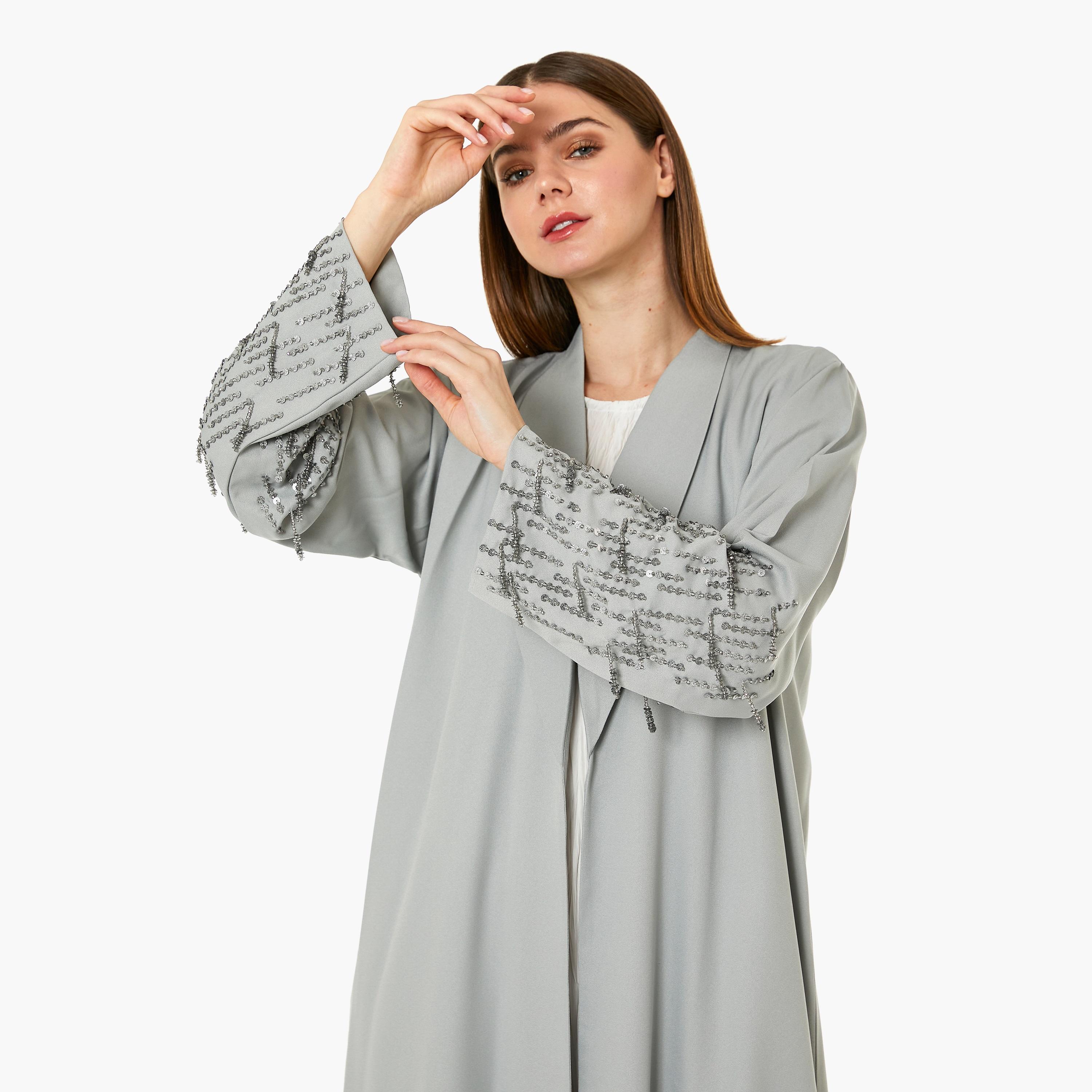 Moistreet Grey Nida Shawl Collar Women's Abaya with Hijab-women-arabicclothing-abayas-image-2
