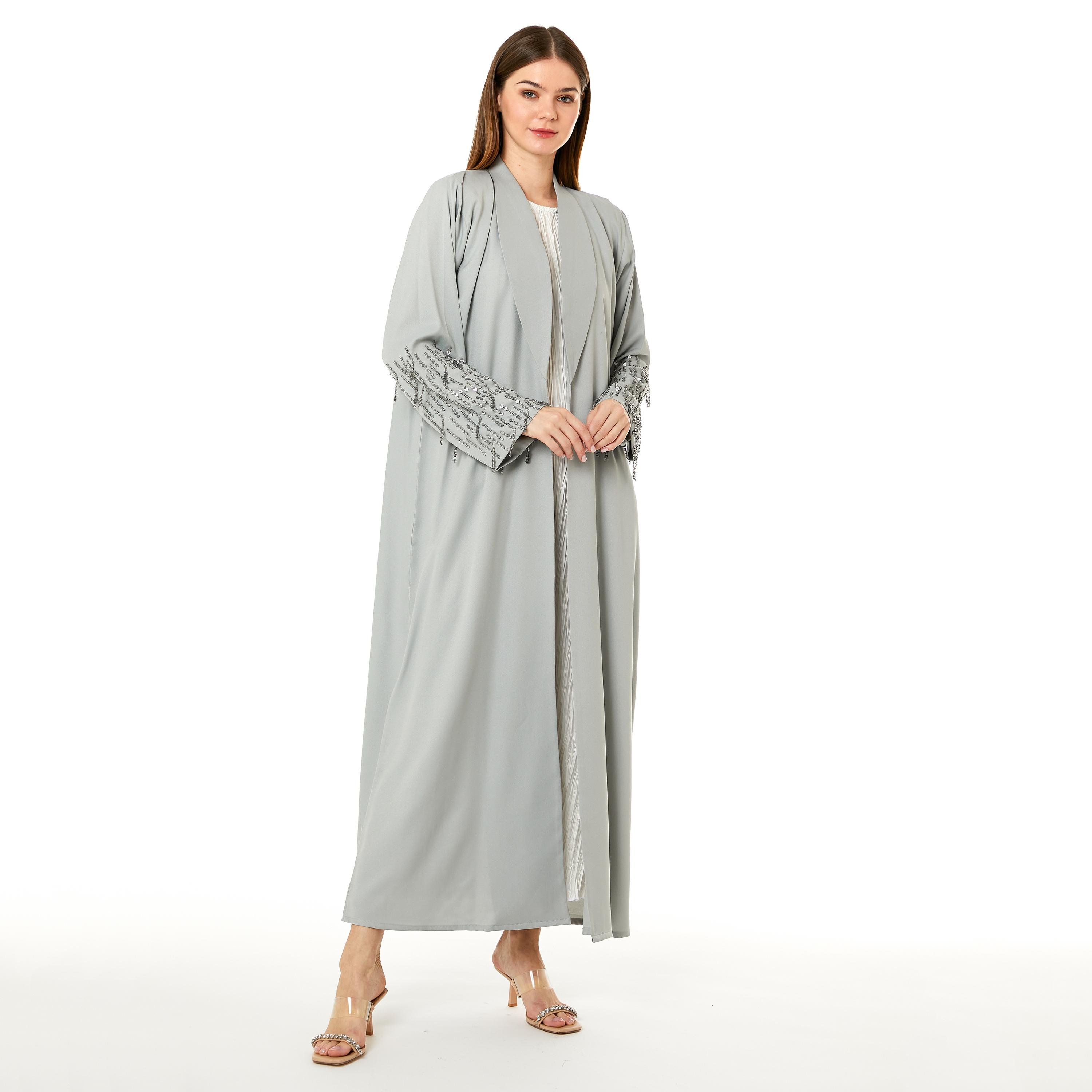 Moistreet Grey Nida Shawl Collar Women's Abaya with Hijab-women-arabicclothing-abayas-image-3