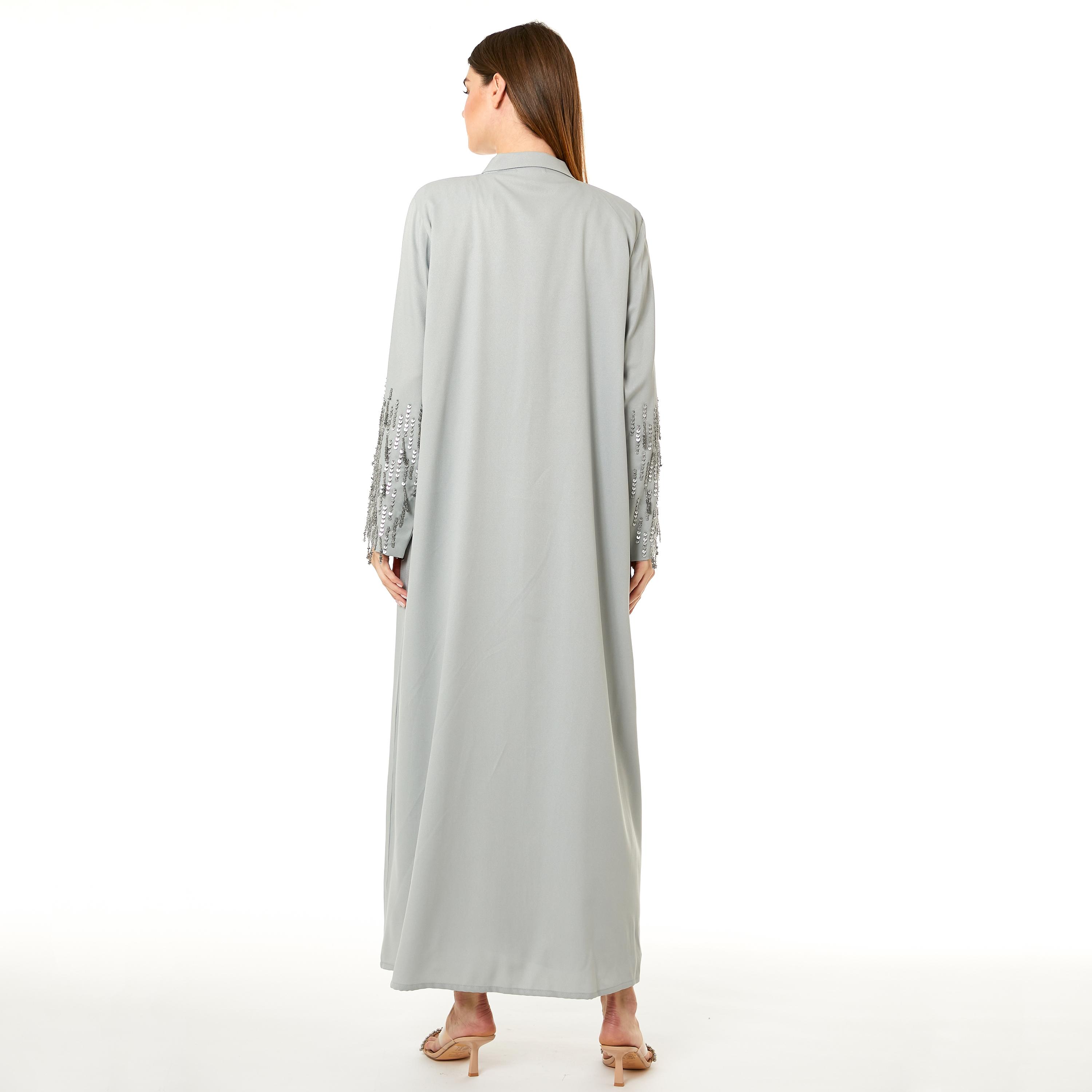 Moistreet Grey Nida Shawl Collar Women's Abaya with Hijab-women-arabicclothing-abayas-image-4