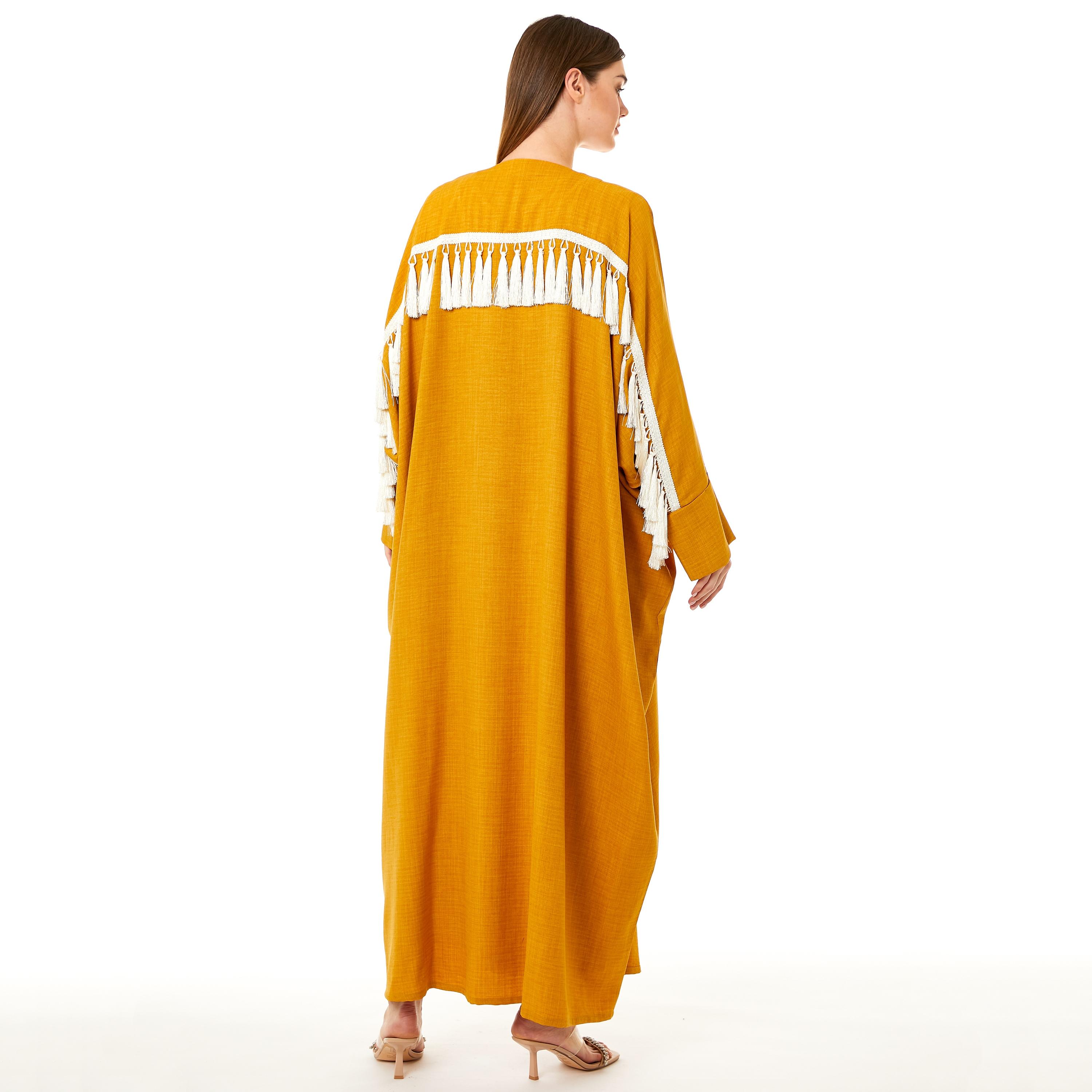  عباية نسائية بلون الخردل مفتوحة من الأمام بأكمام واسعة مع حجاب من مويستريت-women-arabicclothing-abayas-image-4
