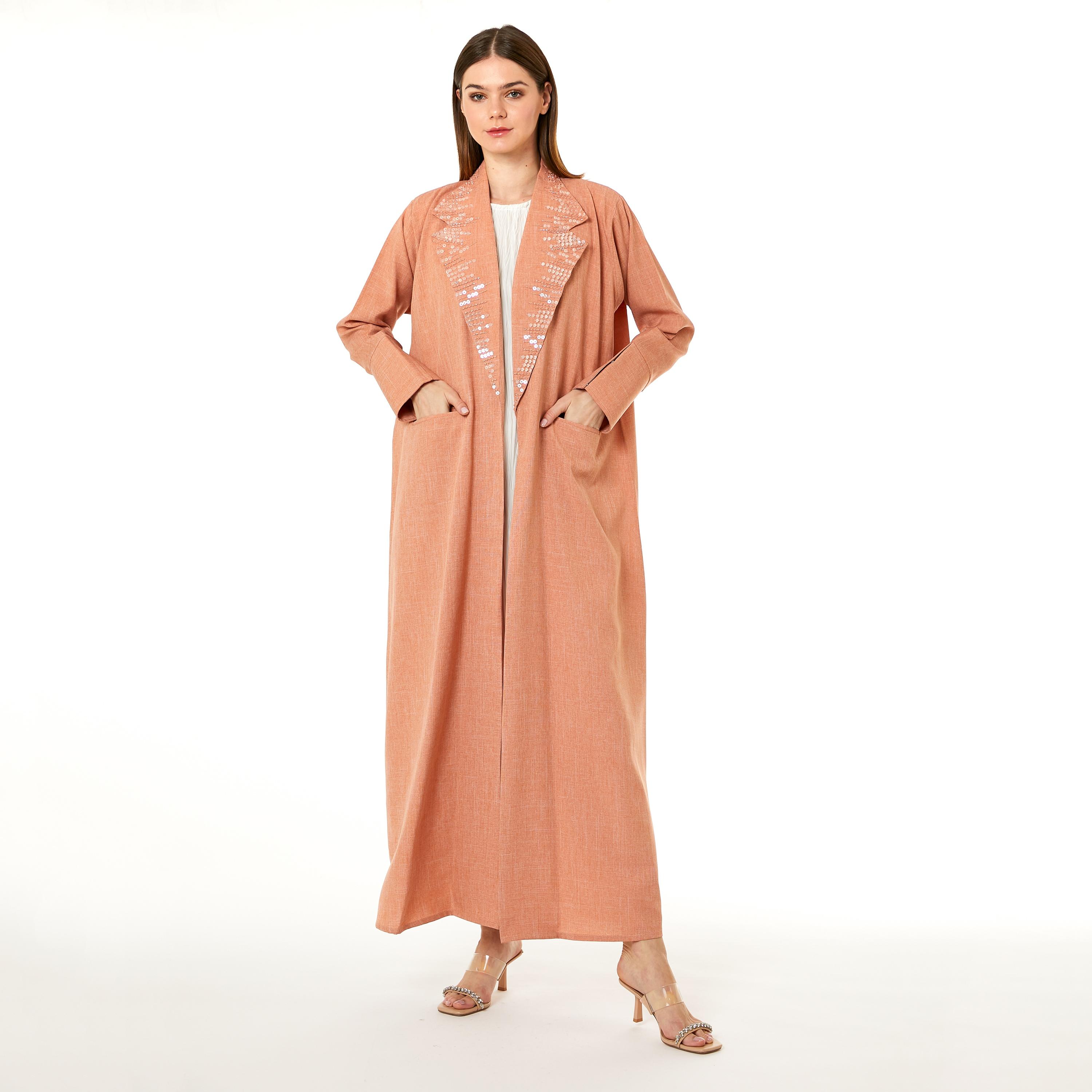 عباية نسائية برتقالية اللون مع حجاب وياقة مدببة من مويستريت-women-arabicclothing-abayas-image-1