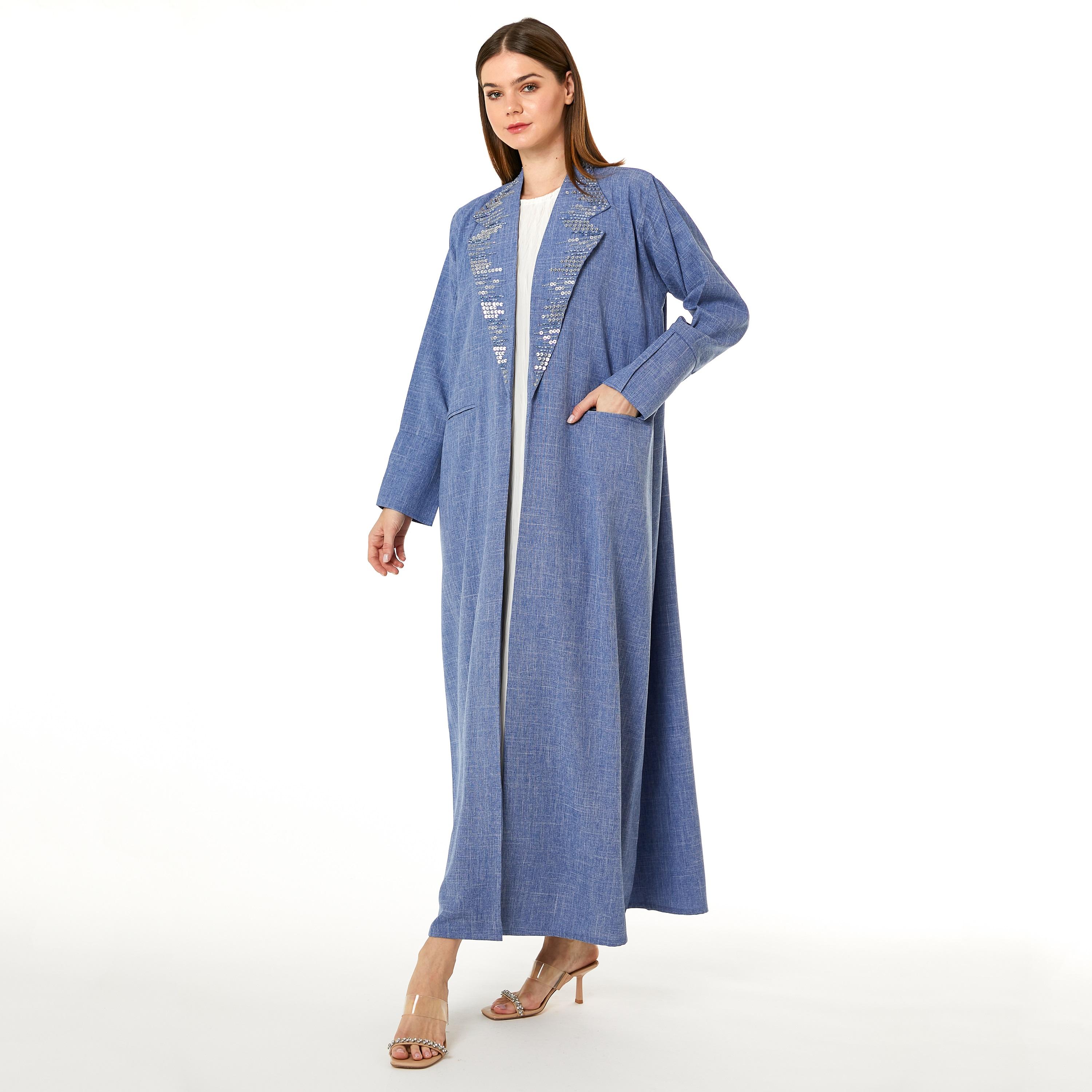  عباية نسائية ذات ياقة مدببة باللون الأزرق مع حجاب من مويستريت-women-arabicclothing-abayas-image-3