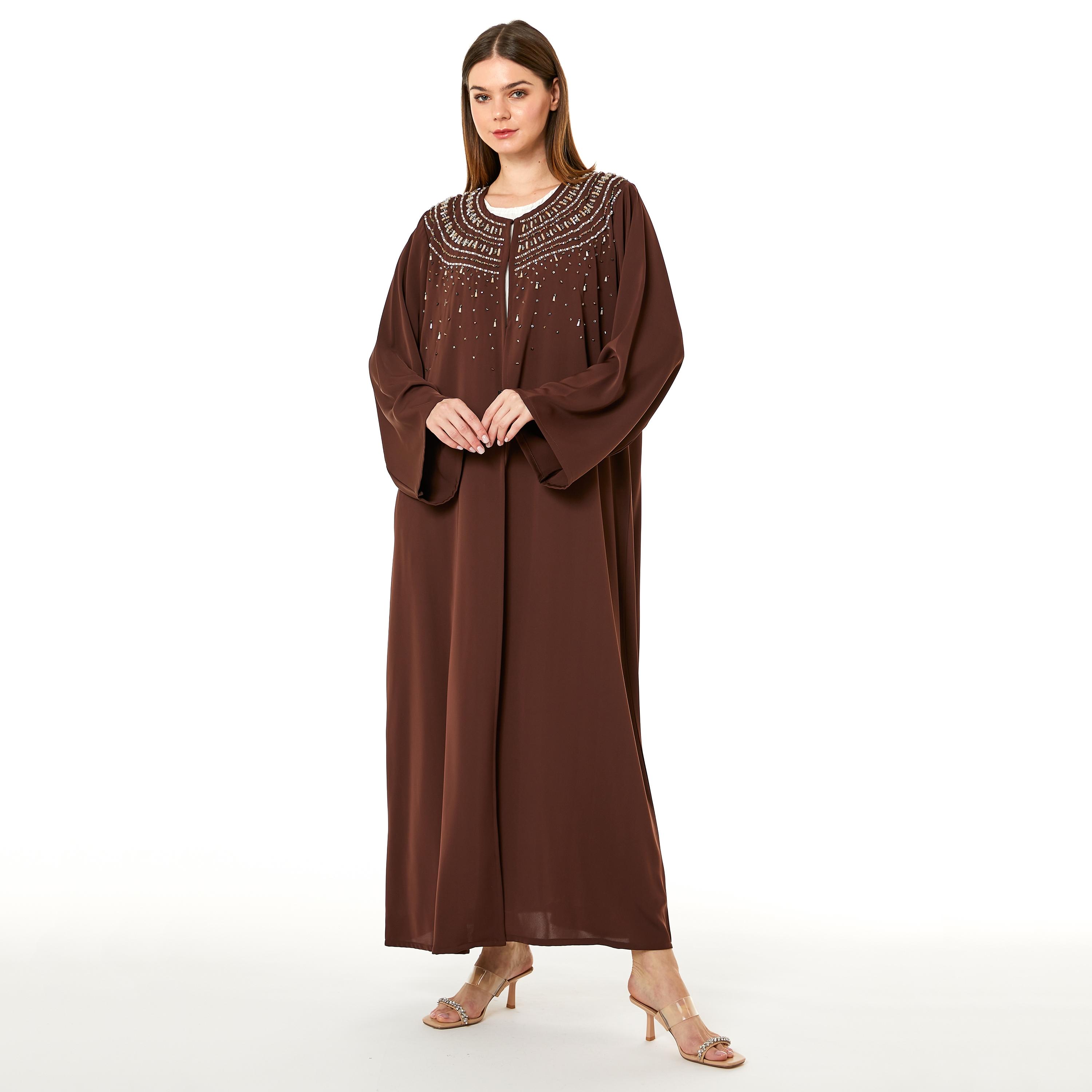  عباية نيدا بنية اللون مطرزة بالخرز مع الحجاب من مويستريت-women-arabicclothing-abayas-image-1